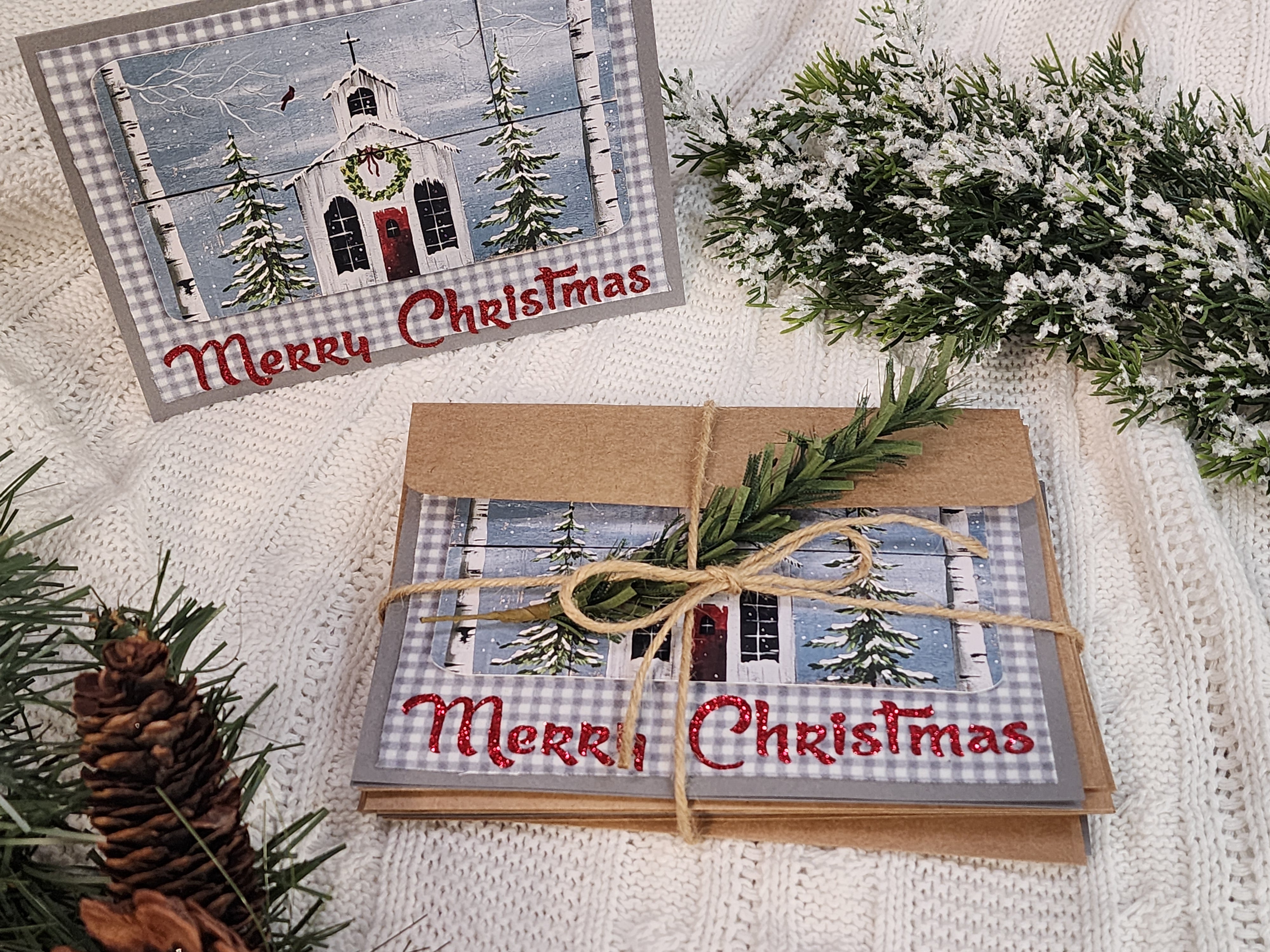 Handmade Christmas cards, painting print of holiday church & red cardinal, gray plaid flannel, red glitter Merry Christmas, set of six (6)