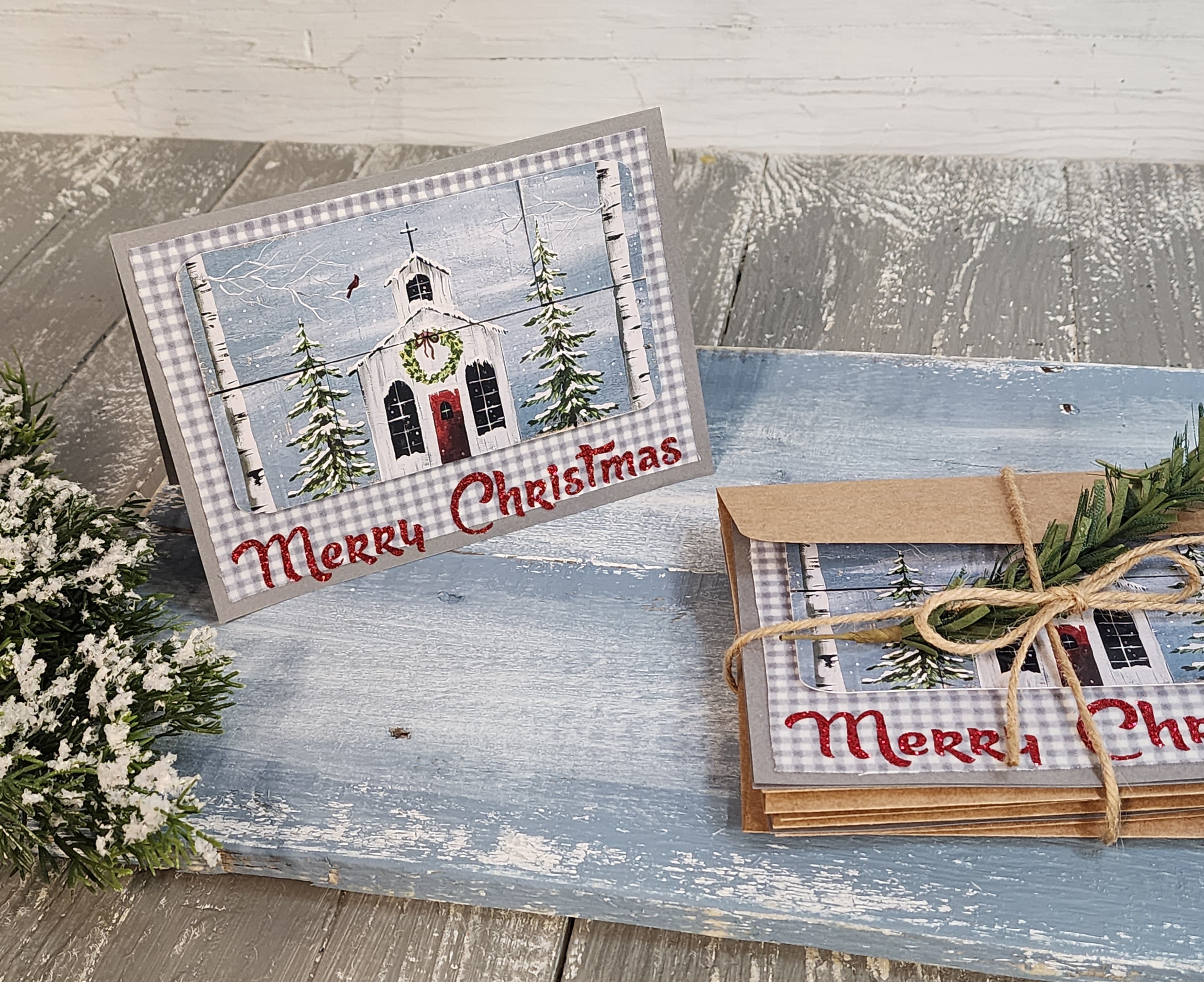 Handmade Christmas cards, painting print of holiday church & red cardinal, gray plaid flannel, red glitter Merry Christmas, set of six (6)