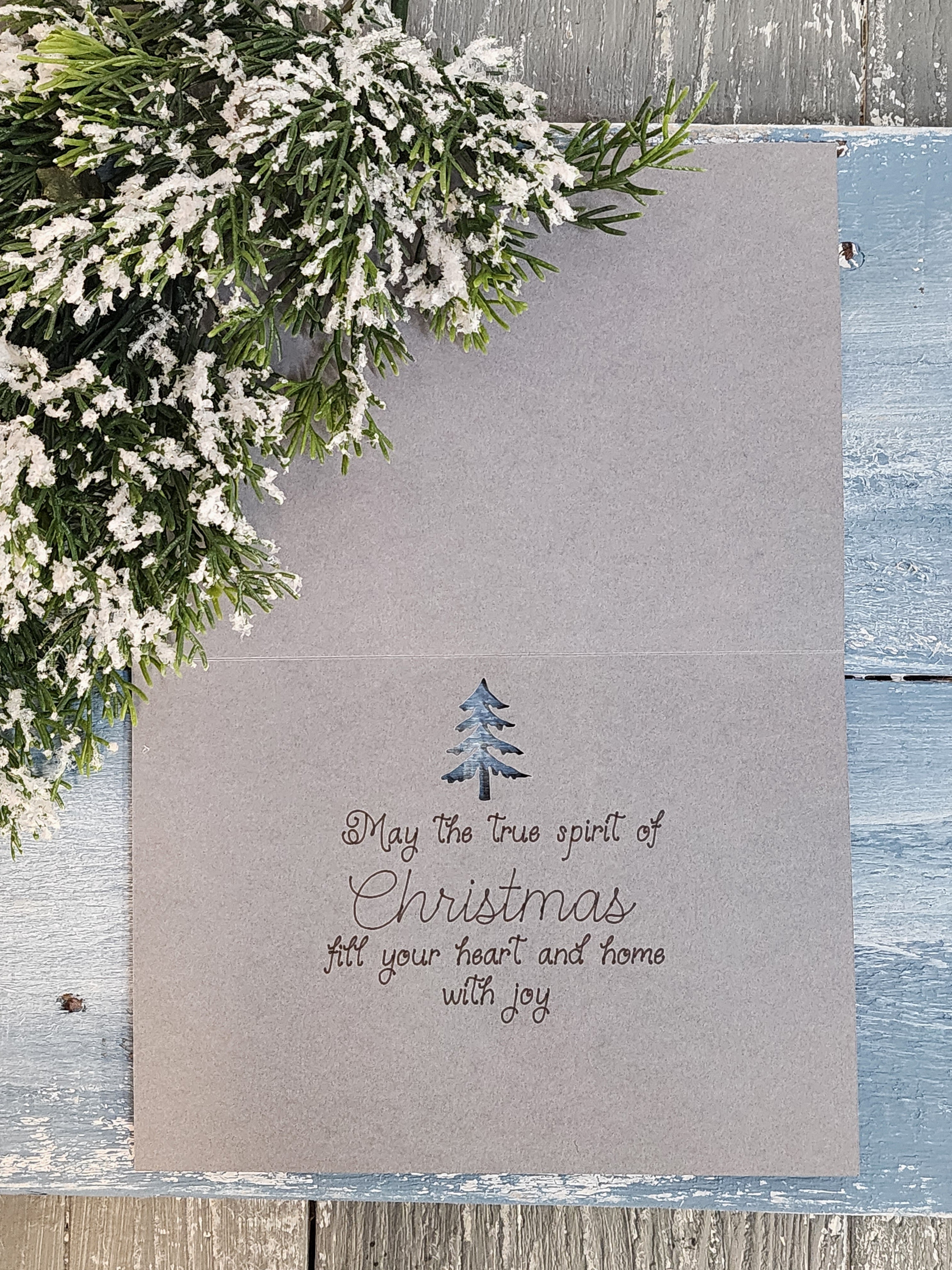 Handmade Christmas cards, painting print of holiday church & red cardinal, gray plaid flannel, red glitter Merry Christmas, set of six (6)