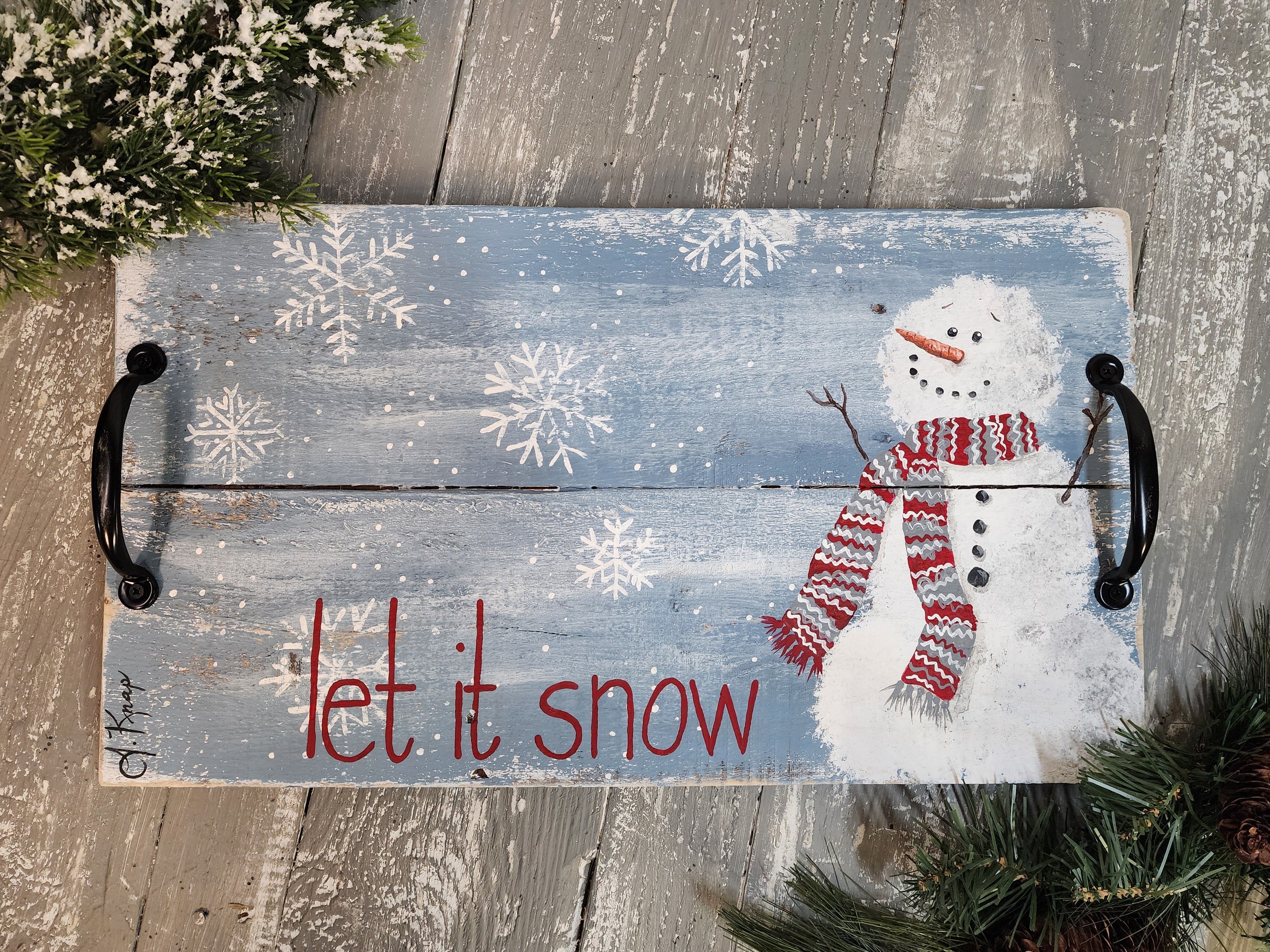 Decorative Christmas snowman serving tray, let it snow winter decor, cute snowman with scarf, hand painted holiday tray with handles