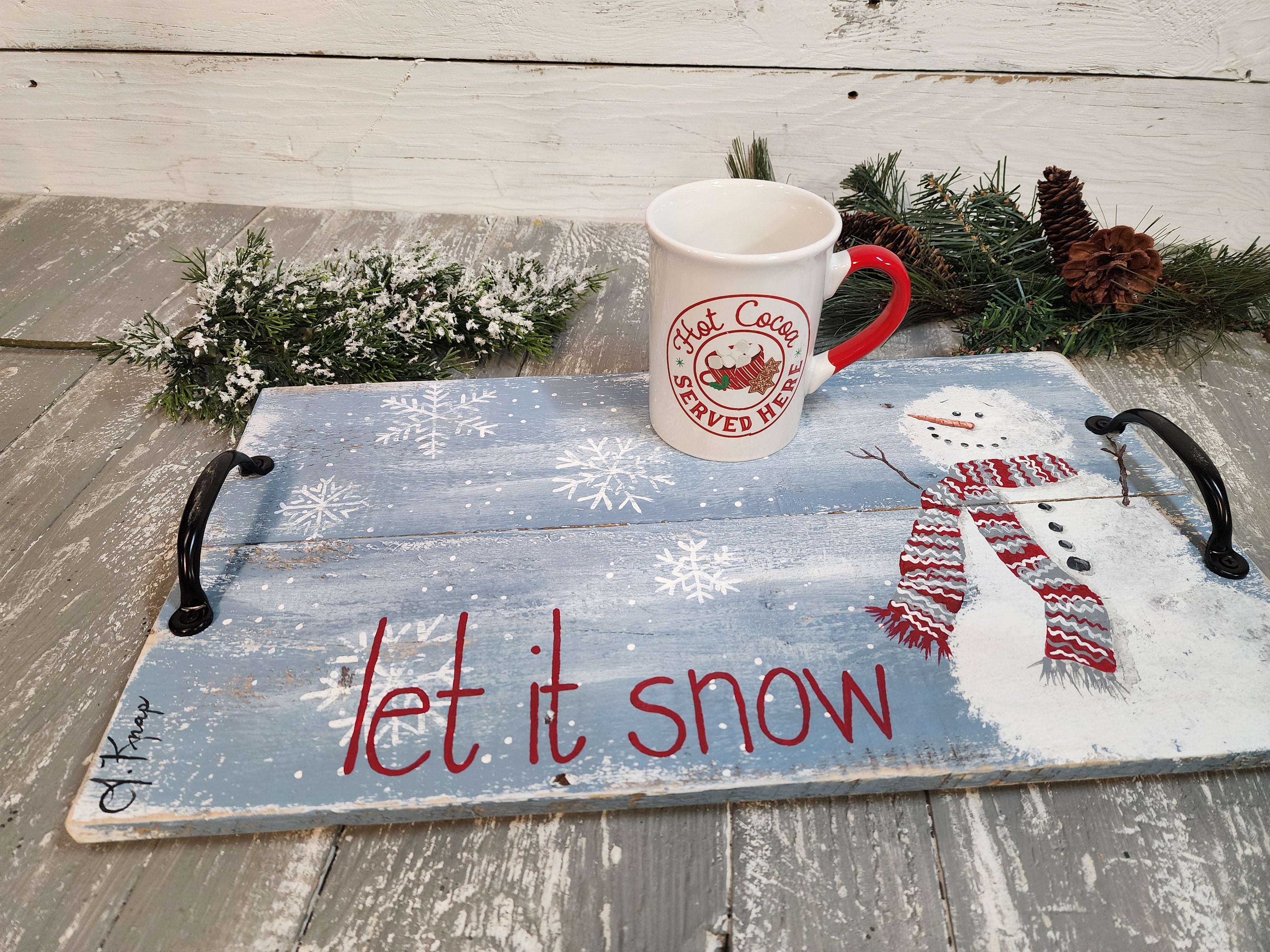 Decorative Christmas snowman serving tray, let it snow winter decor, cute snowman with scarf, hand painted holiday tray with handles