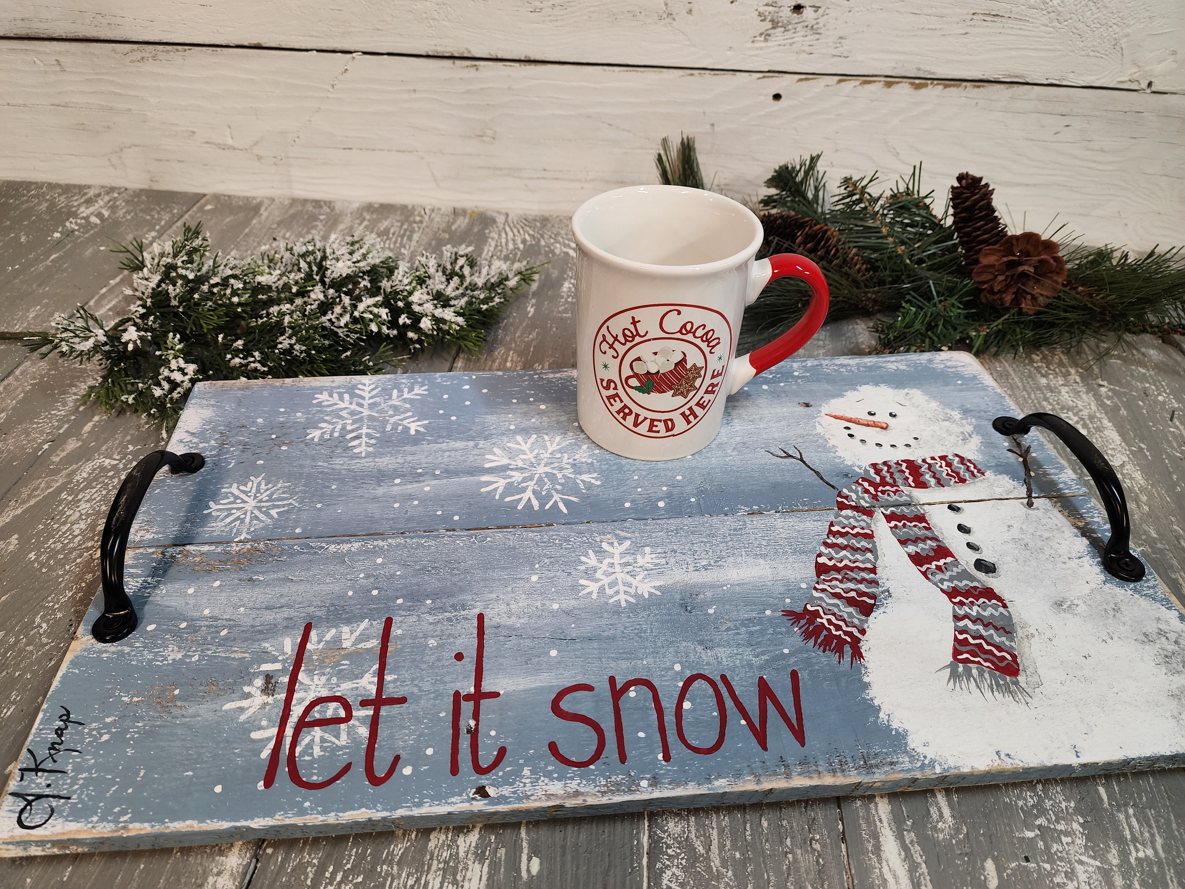 Decorative Christmas snowman serving tray, let it snow winter decor, cute snowman with scarf, hand painted holiday tray with handles