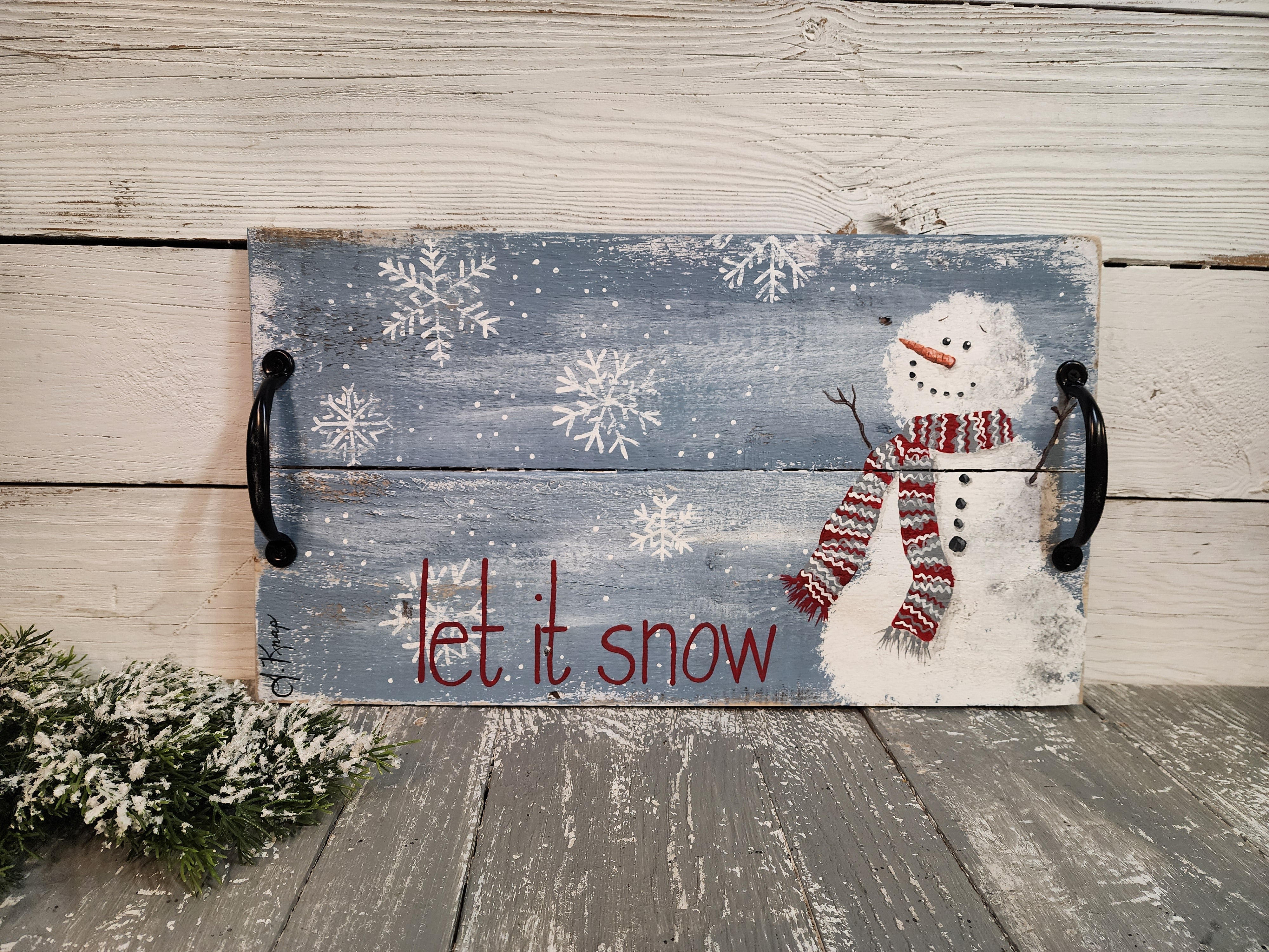 Decorative Christmas snowman serving tray, let it snow winter decor, cute snowman with scarf, hand painted holiday tray with handles