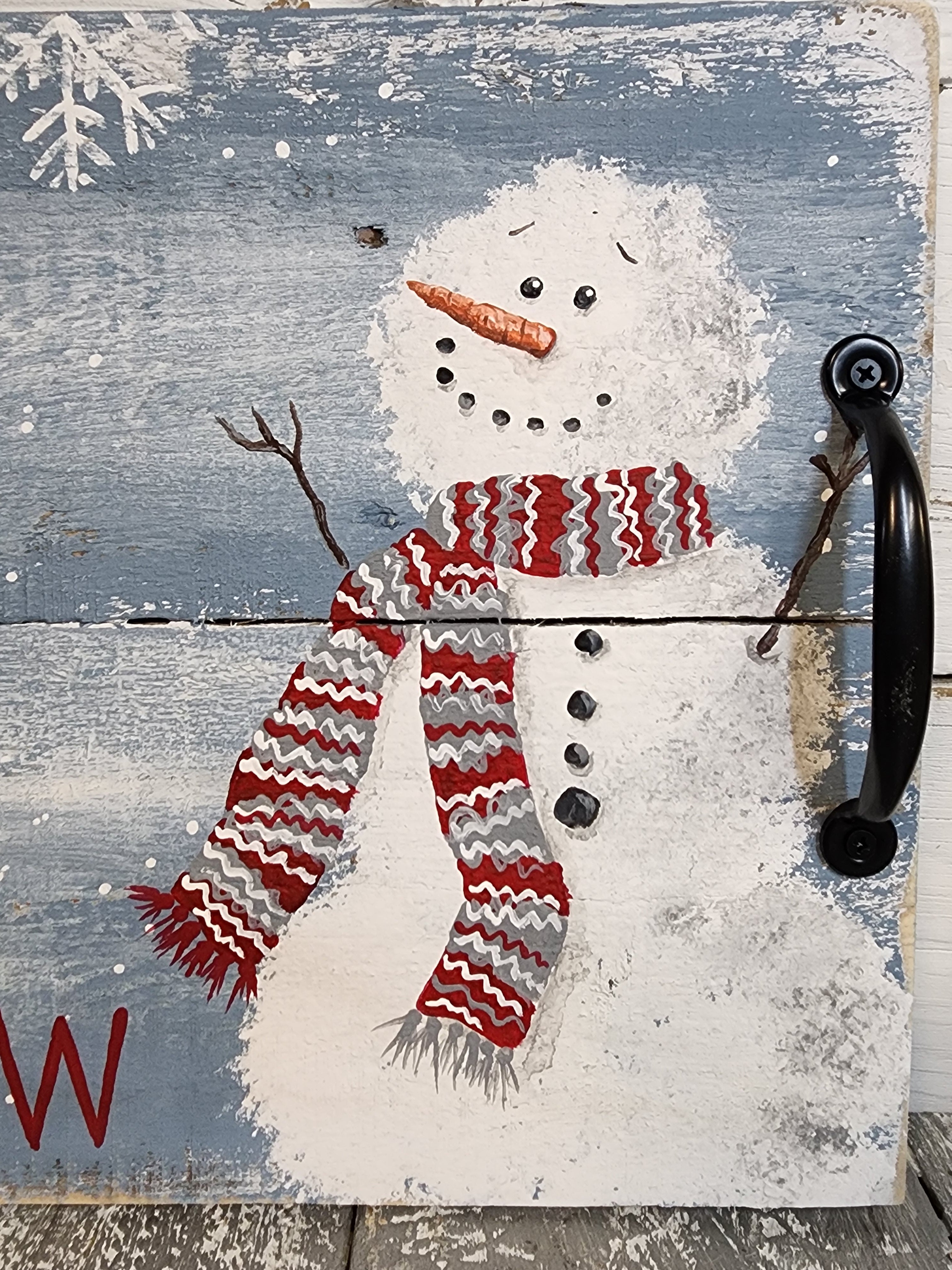 Decorative Christmas snowman serving tray, let it snow winter decor, cute snowman with scarf, hand painted holiday tray with handles