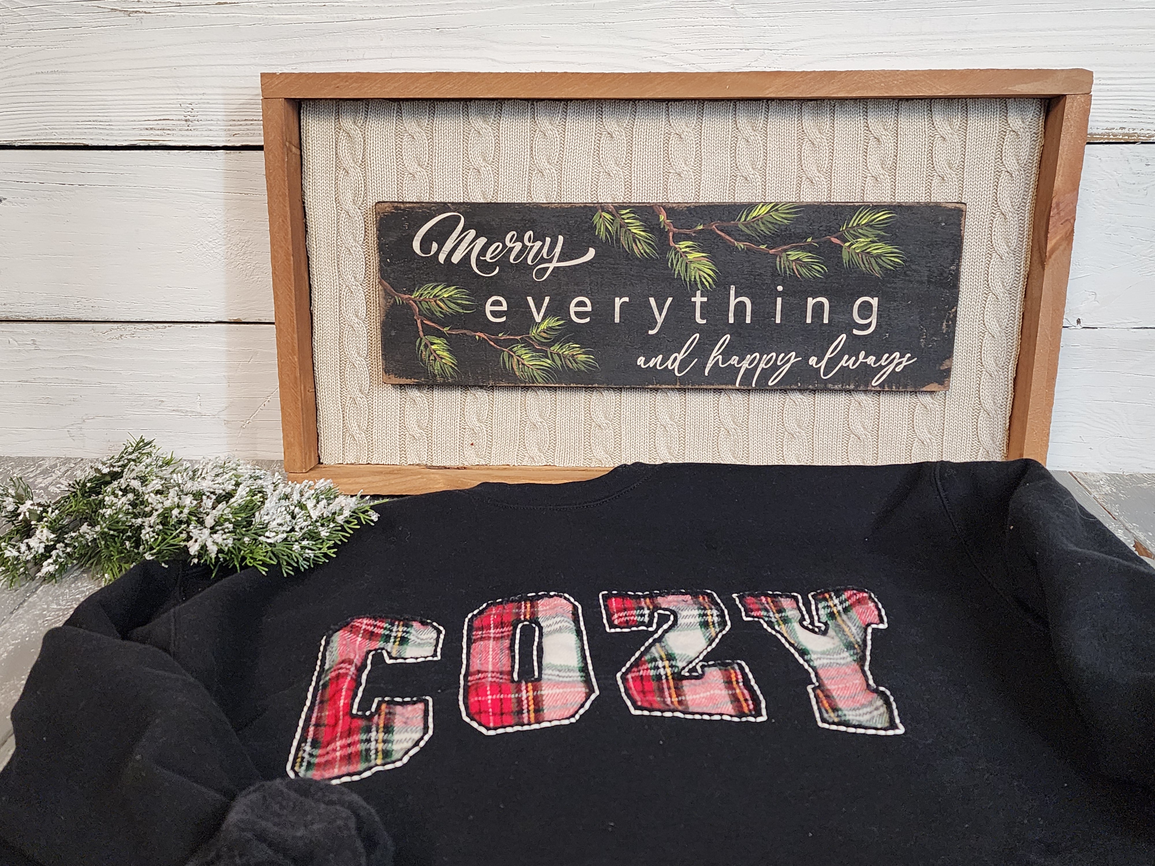 Cozy Christmas gift, handmade flannel embroidery XL crew, Merry Everything hand painted pallet wood art sign on recycled sweater material