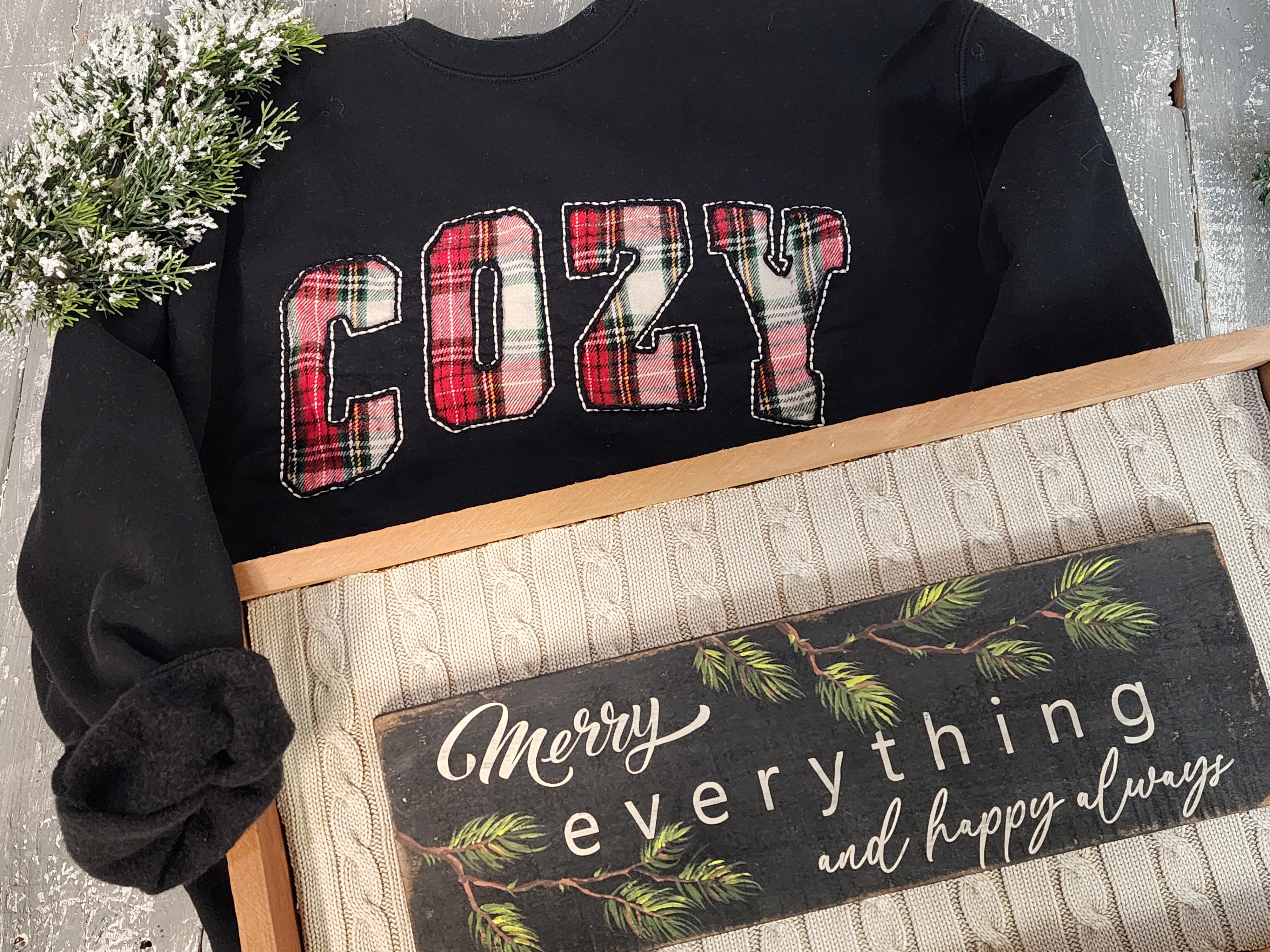 Cozy Christmas gift, handmade flannel embroidery XL crew, Merry Everything hand painted pallet wood art sign on recycled sweater material
