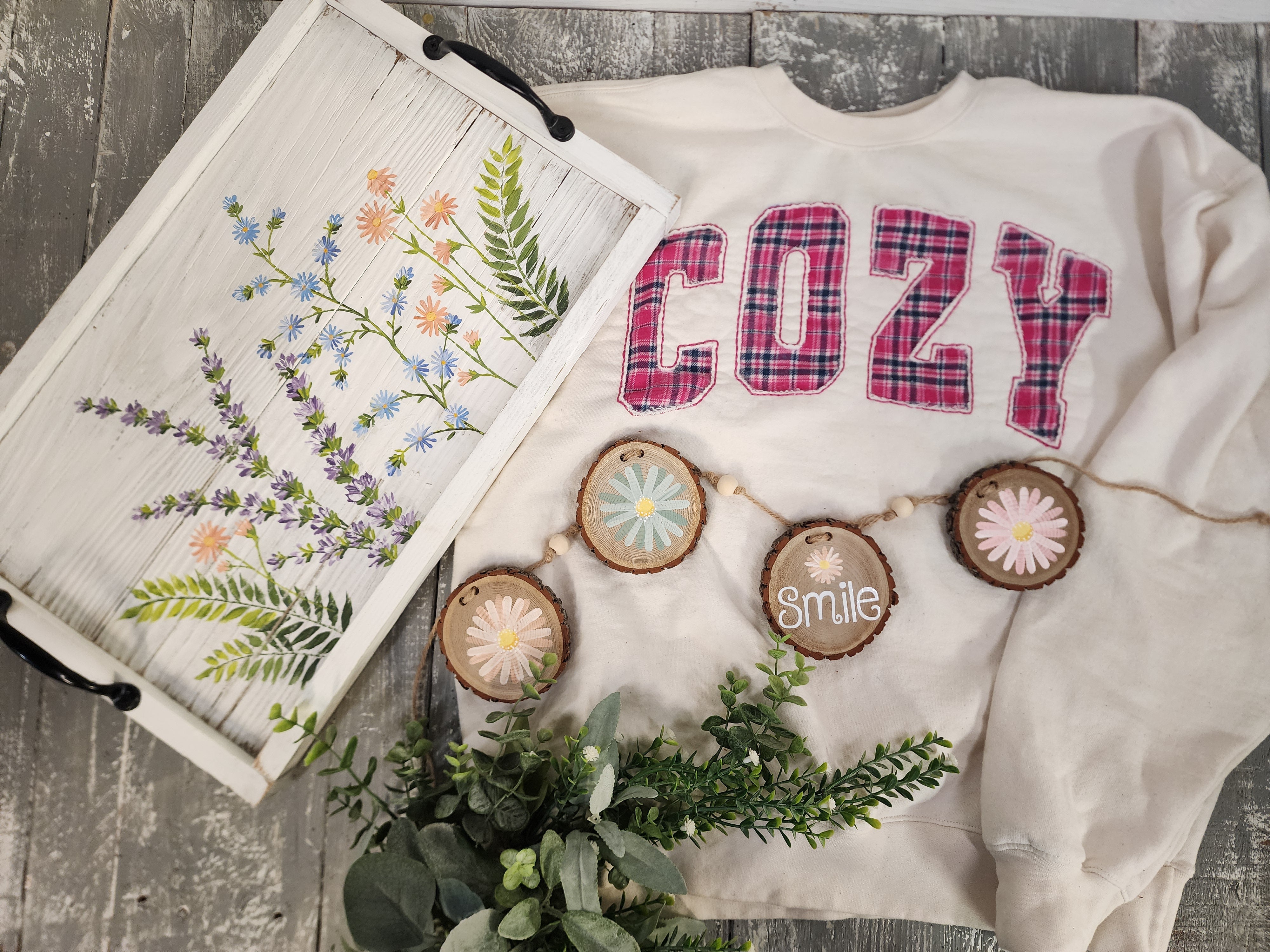 Cozy Christmas gift for her, handmade flannel embroidery L crew, hand painted wildflower wood tray and wood slice garland, gift wrapped