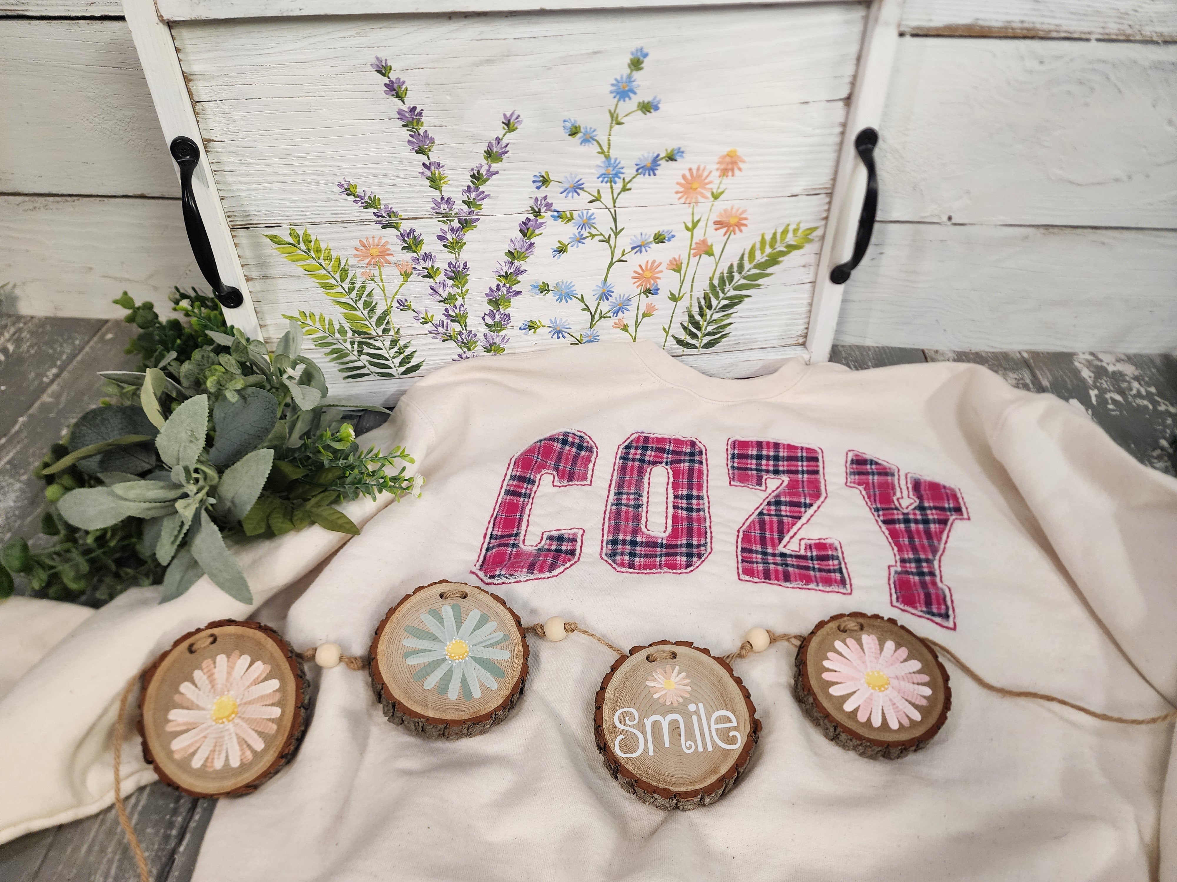 Cozy Christmas gift for her, handmade flannel embroidery L crew, hand painted wildflower wood tray and wood slice garland, gift wrapped