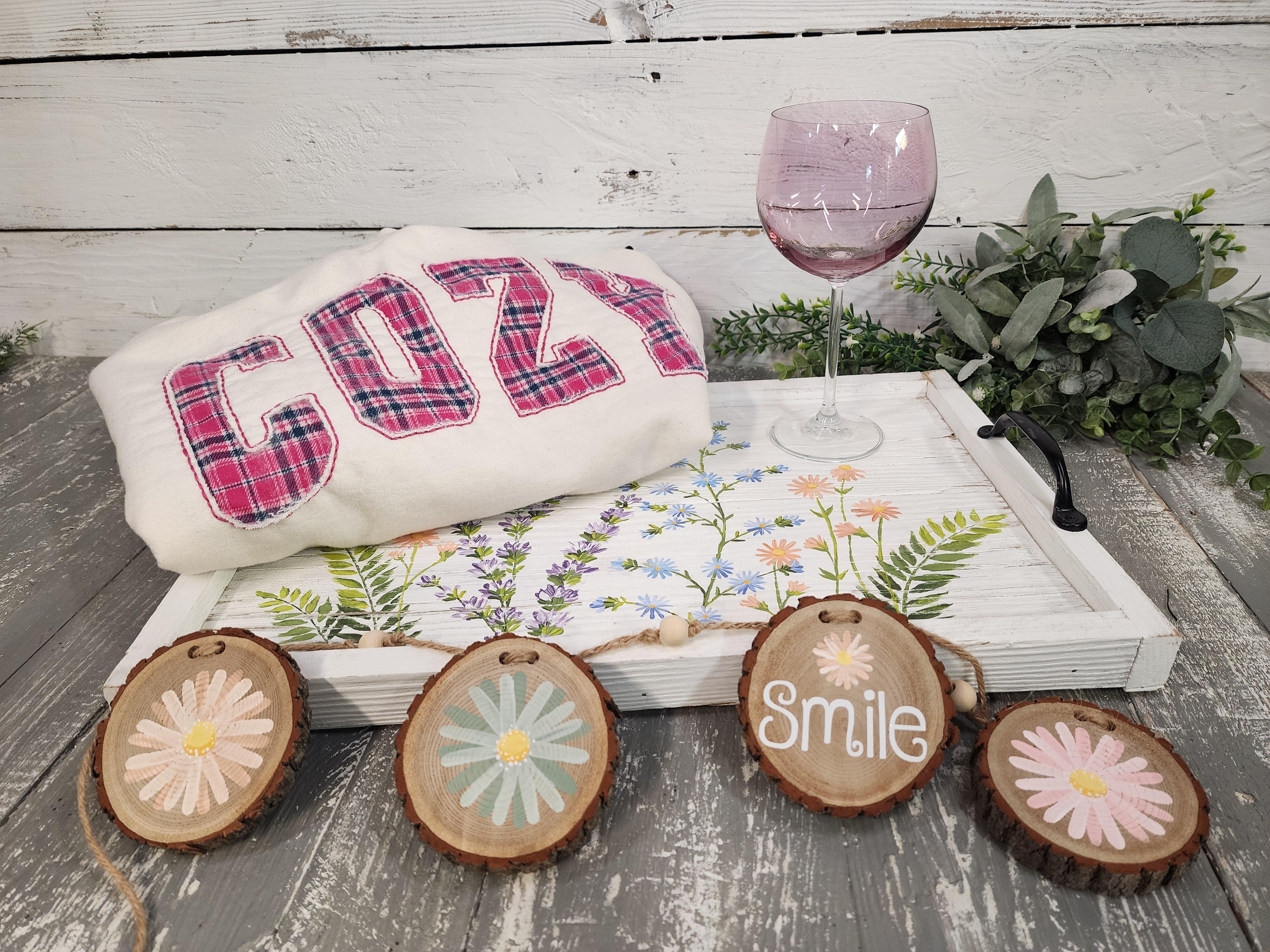 Cozy Christmas gift for her, best friend, handmade flannel embroidery L crew, hand painted wildflower wood tray and wood slice garland, gift wrapped (Copy)