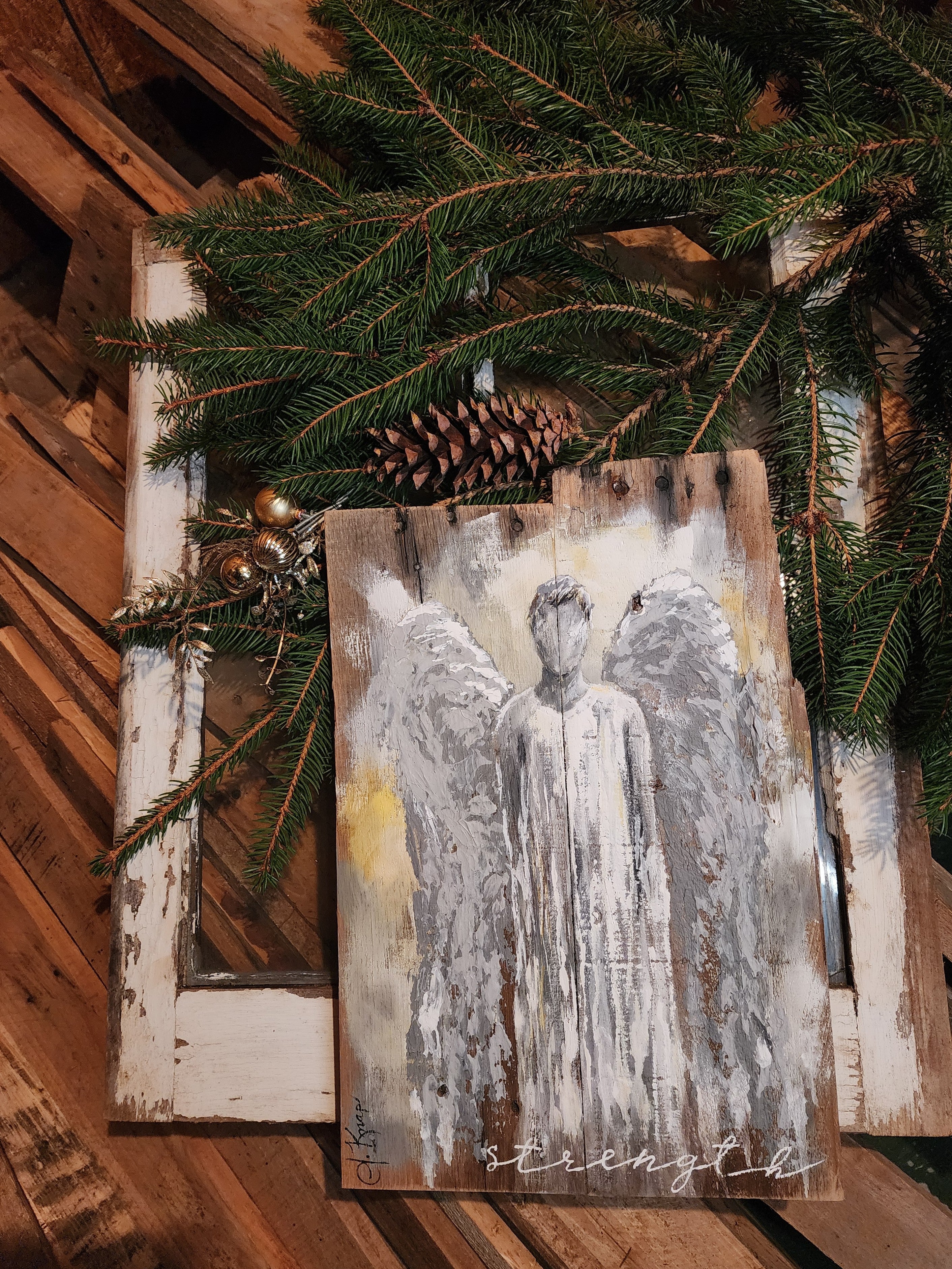 Abstract Angel painting for Christmas, acrylic Primitive Christmas Wall Decor, Rustic Holiday Angel Gift, recycled wood wall art