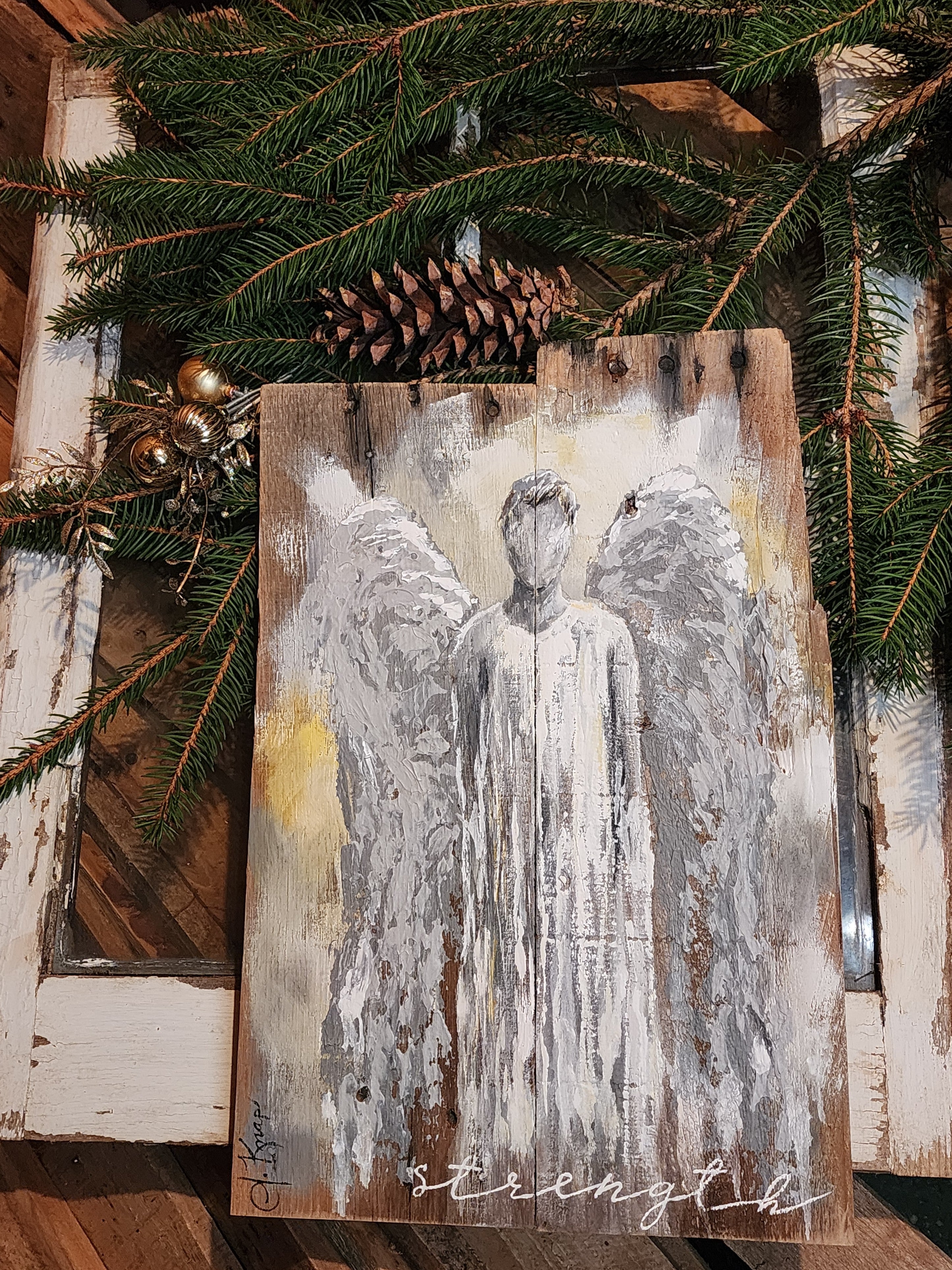 Abstract Angel painting for Christmas, acrylic Primitive Christmas Wall Decor, Rustic Holiday Angel Gift, recycled wood wall art