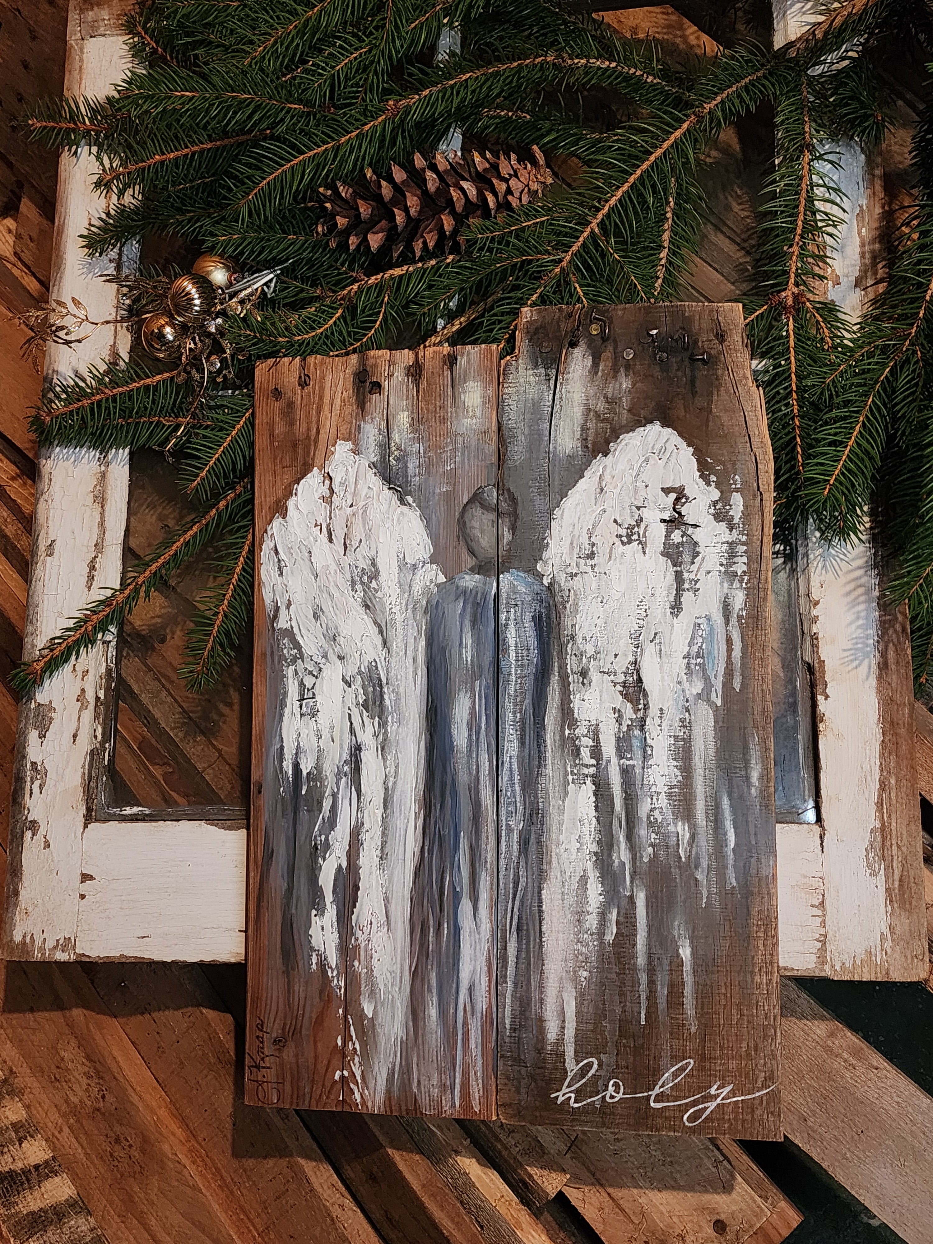 Abstract Angel painting for Christmas, Rustic pallet wood wall art for the holidays, holy angel acrylic painting