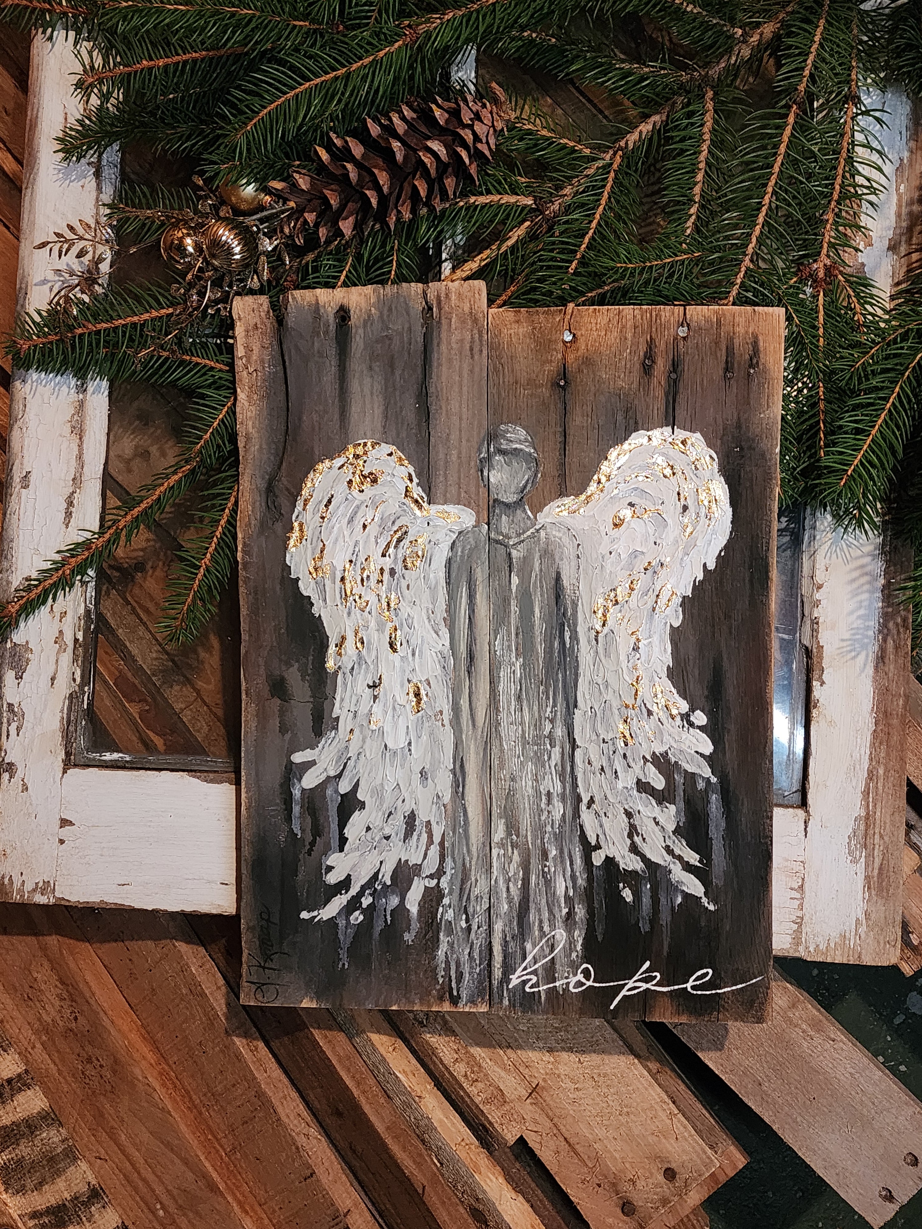 Abstract Angel painting for Christmas, Rustic pallet wood wall art for the holidays, hope angel acrylic texture painting, primitive
