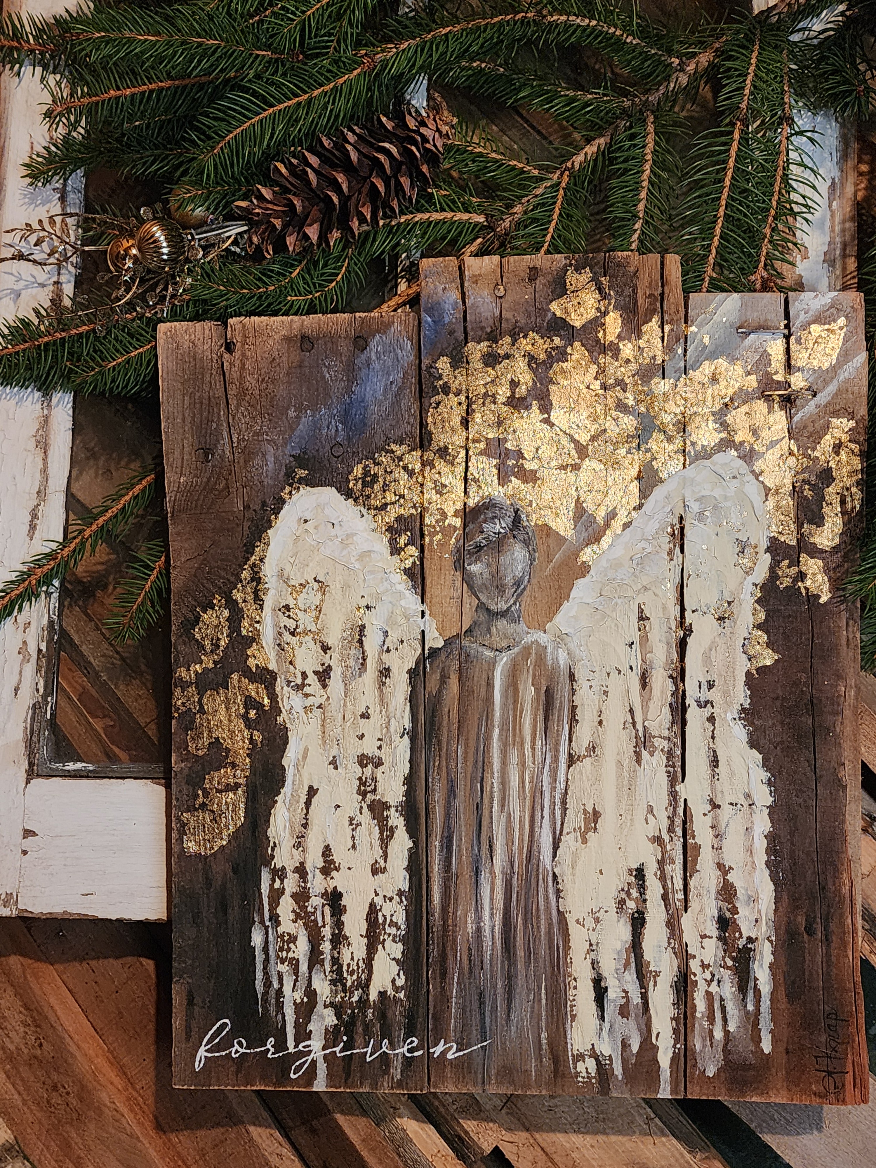 Abstract Angel painting for Christmas, Rustic pallet wood wall art for the holidays, "forgiven" angel acrylic texture painting, primitive