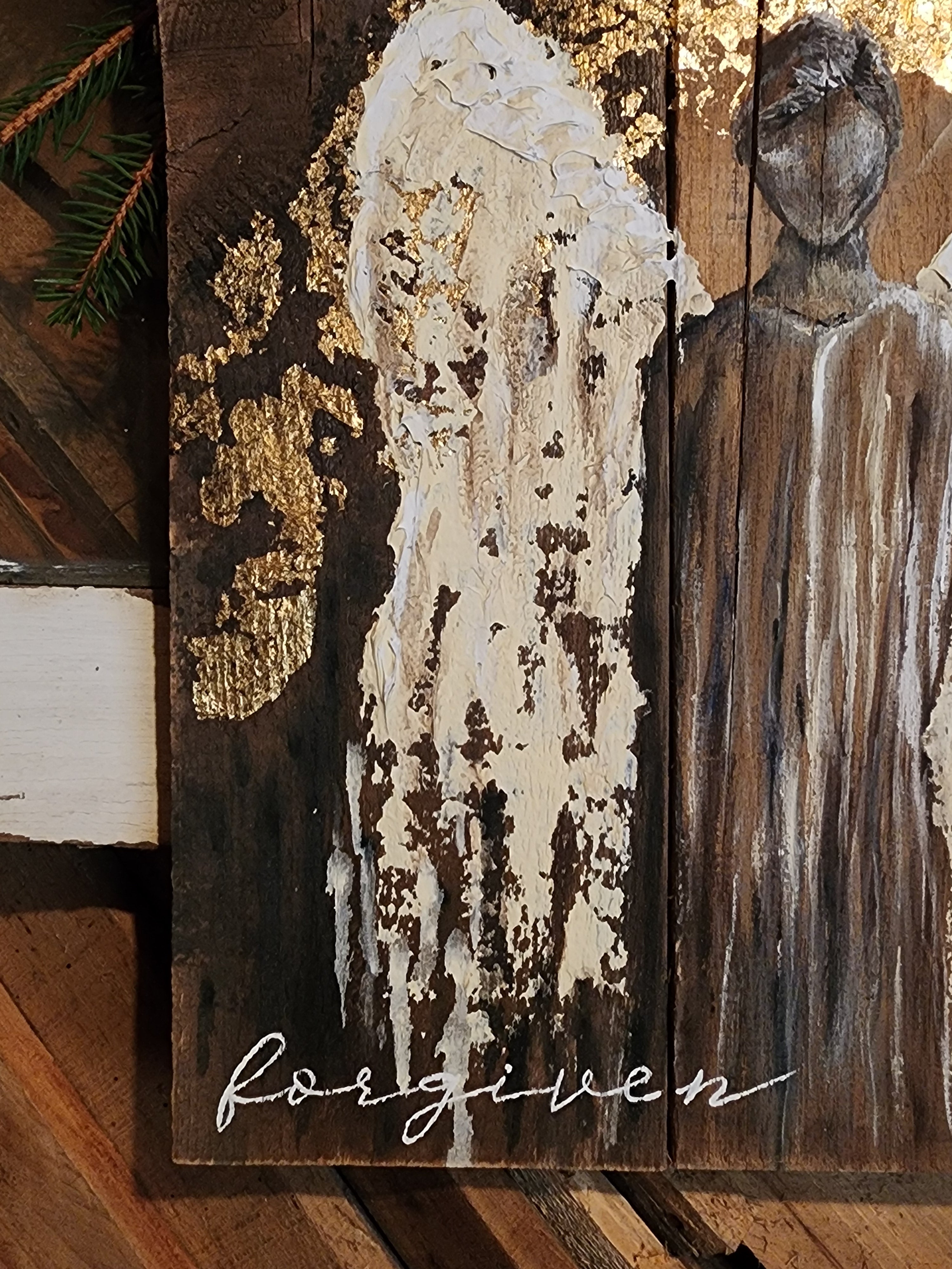 Abstract Angel painting for Christmas, Rustic pallet wood wall art for the holidays, "forgiven" angel acrylic texture painting, primitive