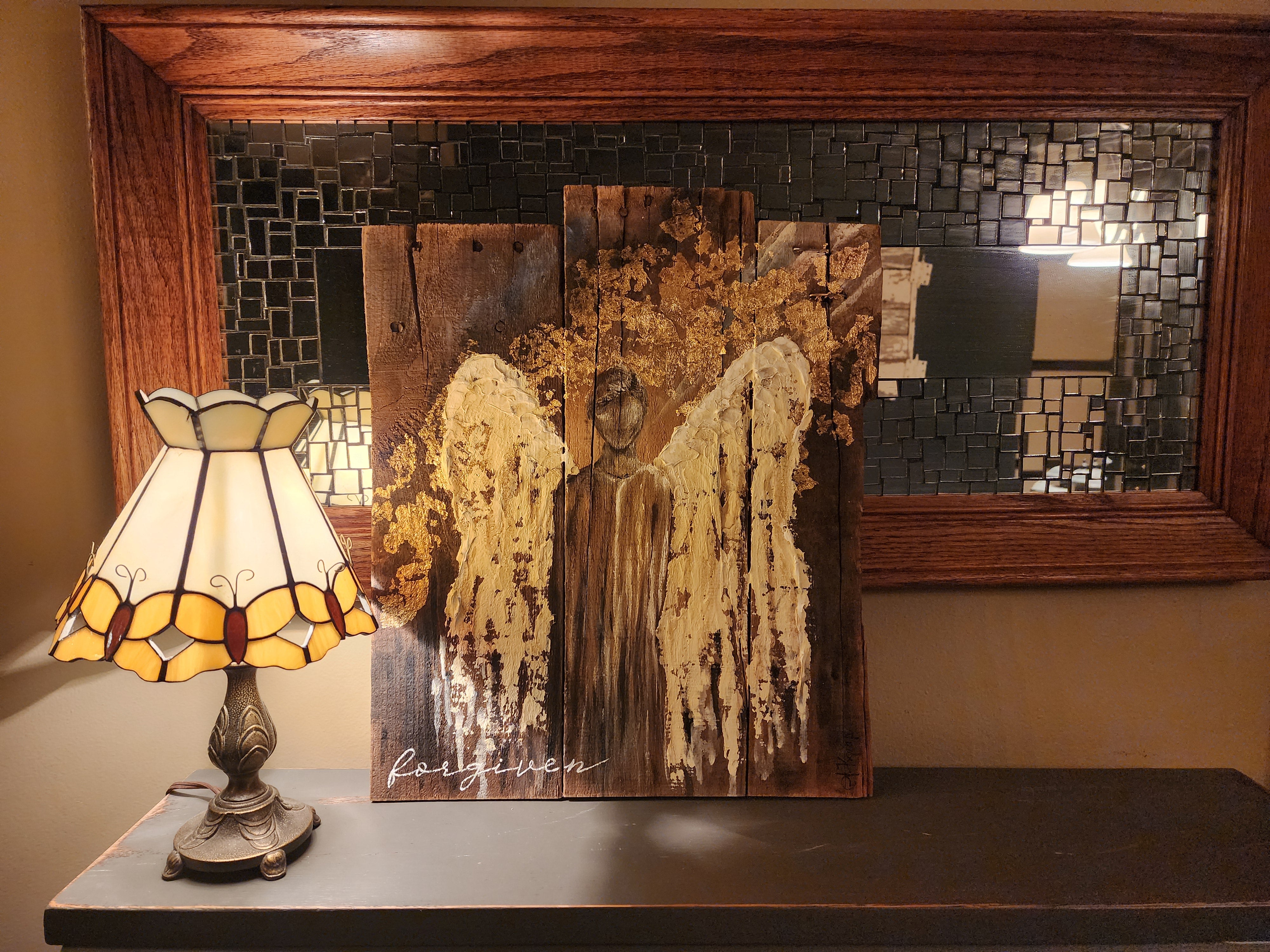 Abstract Angel painting for Christmas, Rustic pallet wood wall art for the holidays, "forgiven" angel acrylic texture painting, primitive