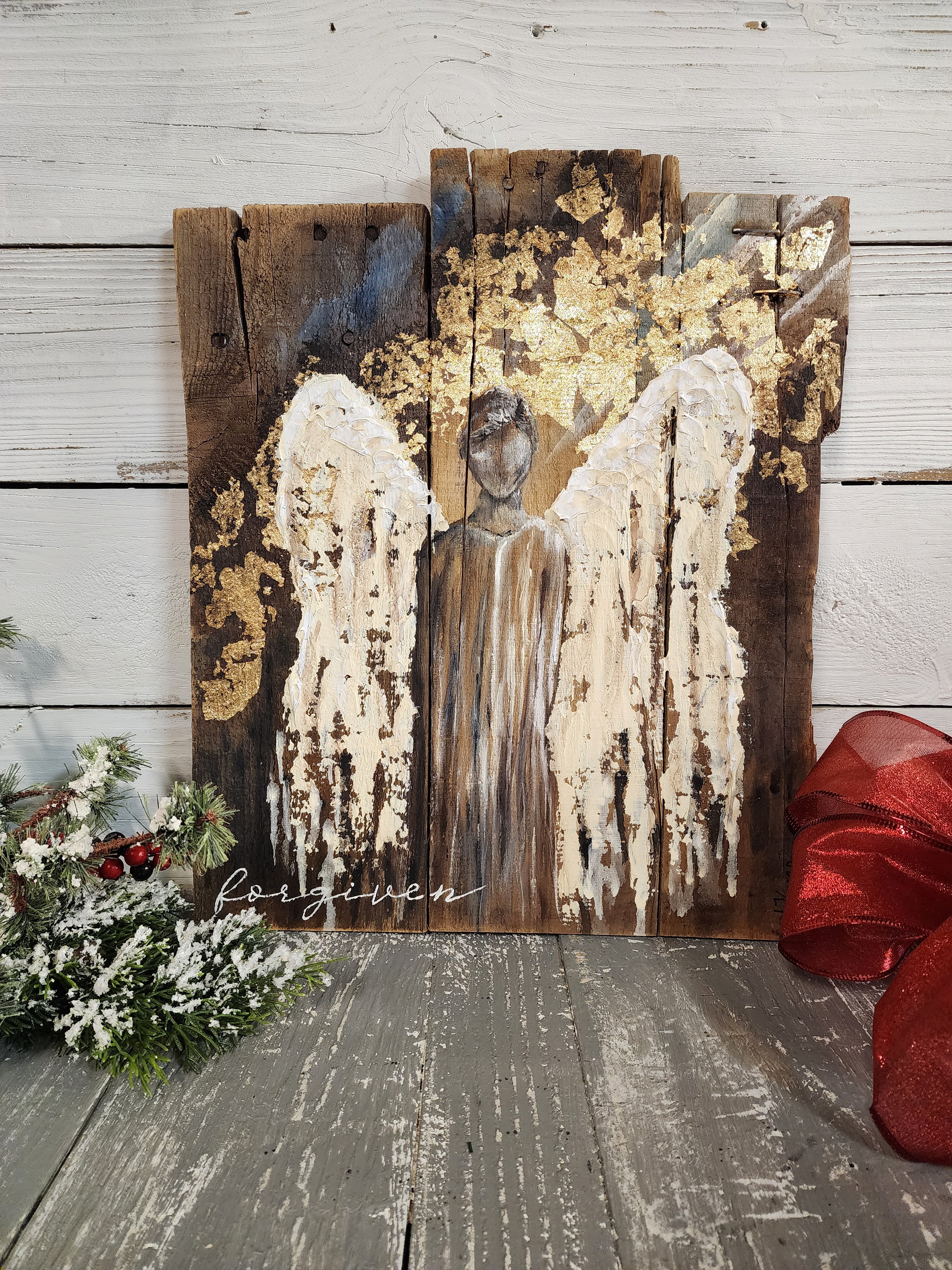 Abstract Angel painting for Christmas, Rustic pallet wood wall art for the holidays, "forgiven" angel acrylic texture painting, primitive