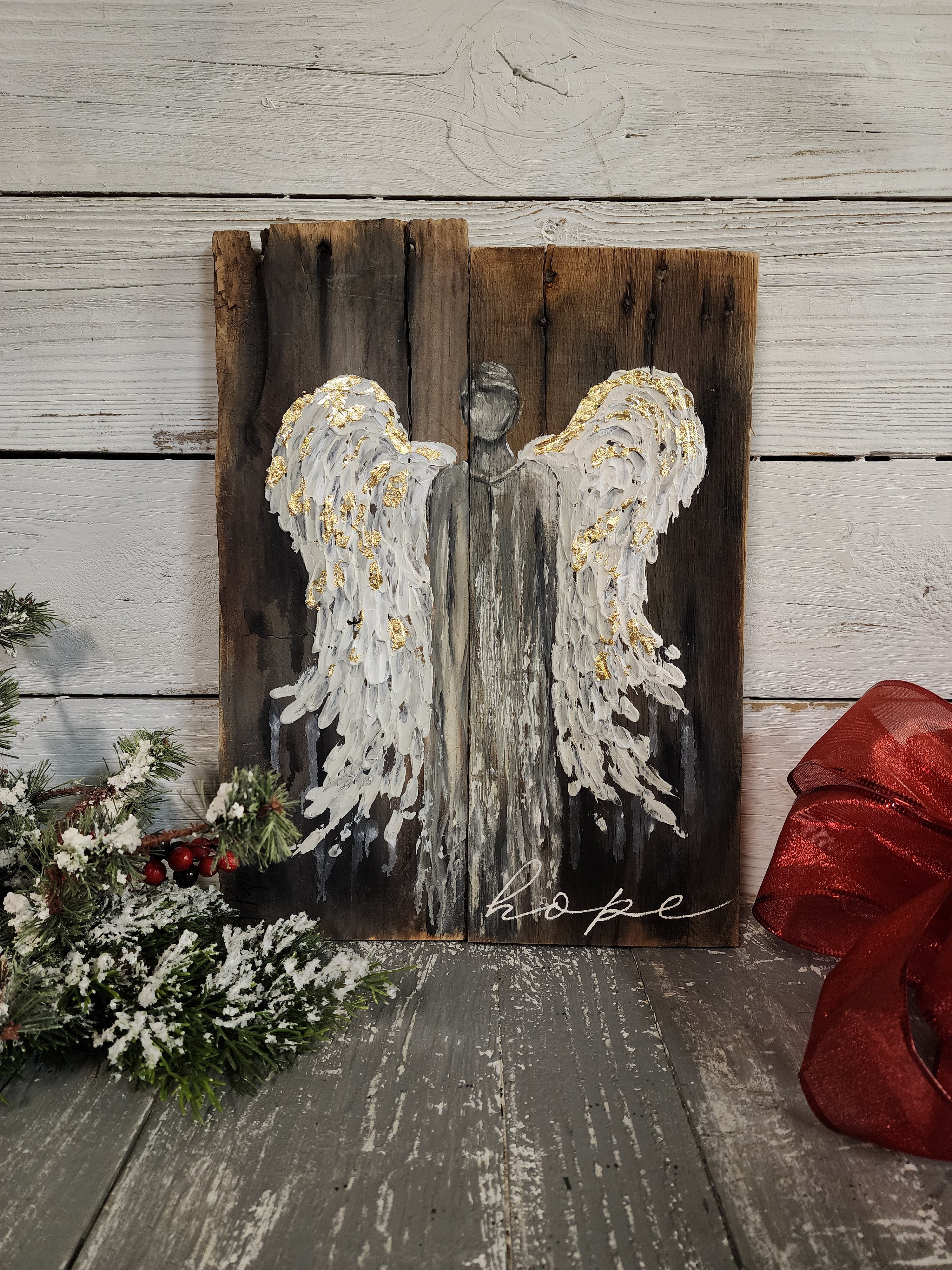 Abstract Angel painting for Christmas, Rustic pallet wood wall art for the holidays, hope angel acrylic texture painting, primitive