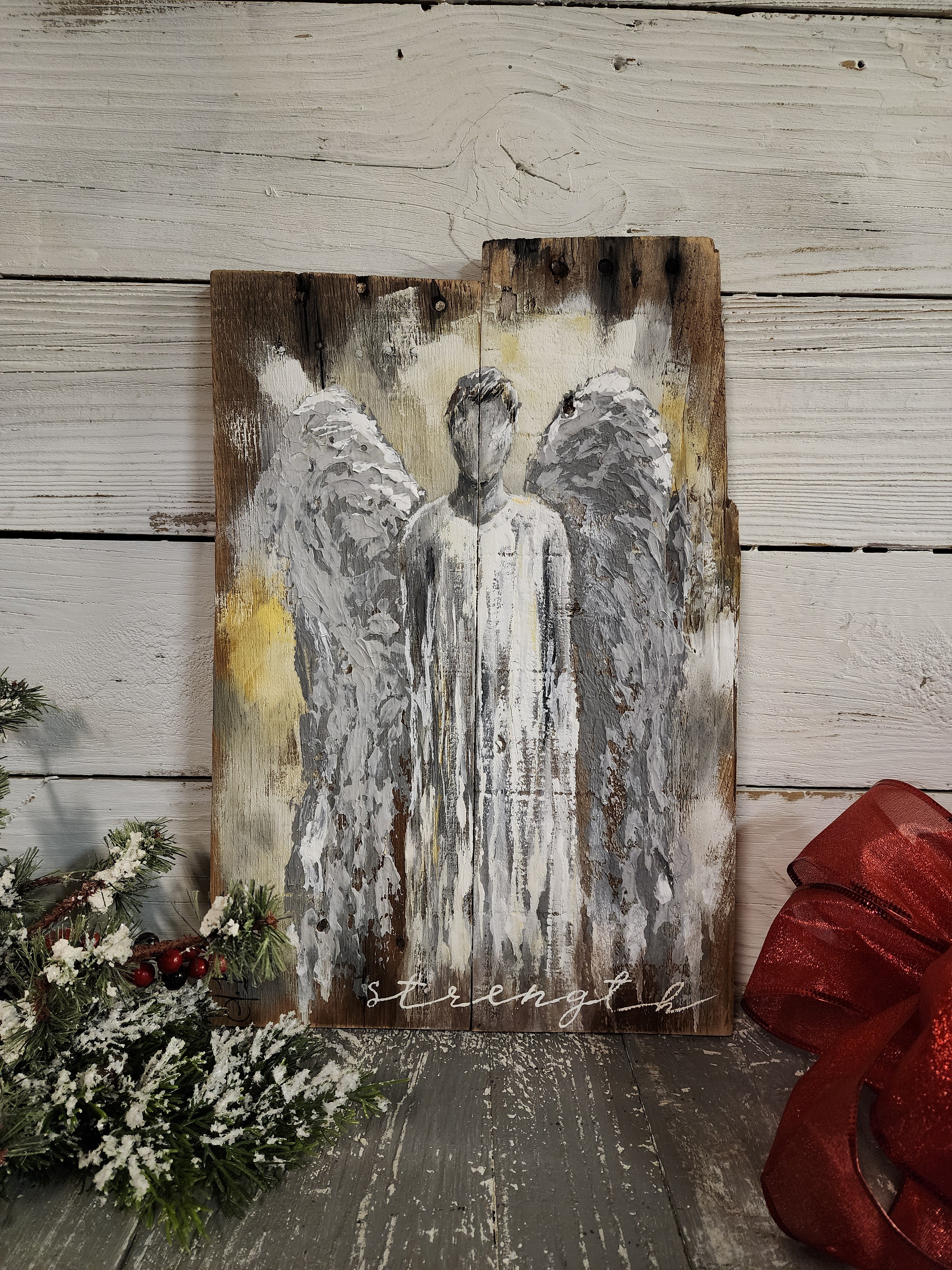Abstract Angel painting for Christmas, acrylic Primitive Christmas Wall Decor, Rustic Holiday Angel Gift, recycled wood wall art