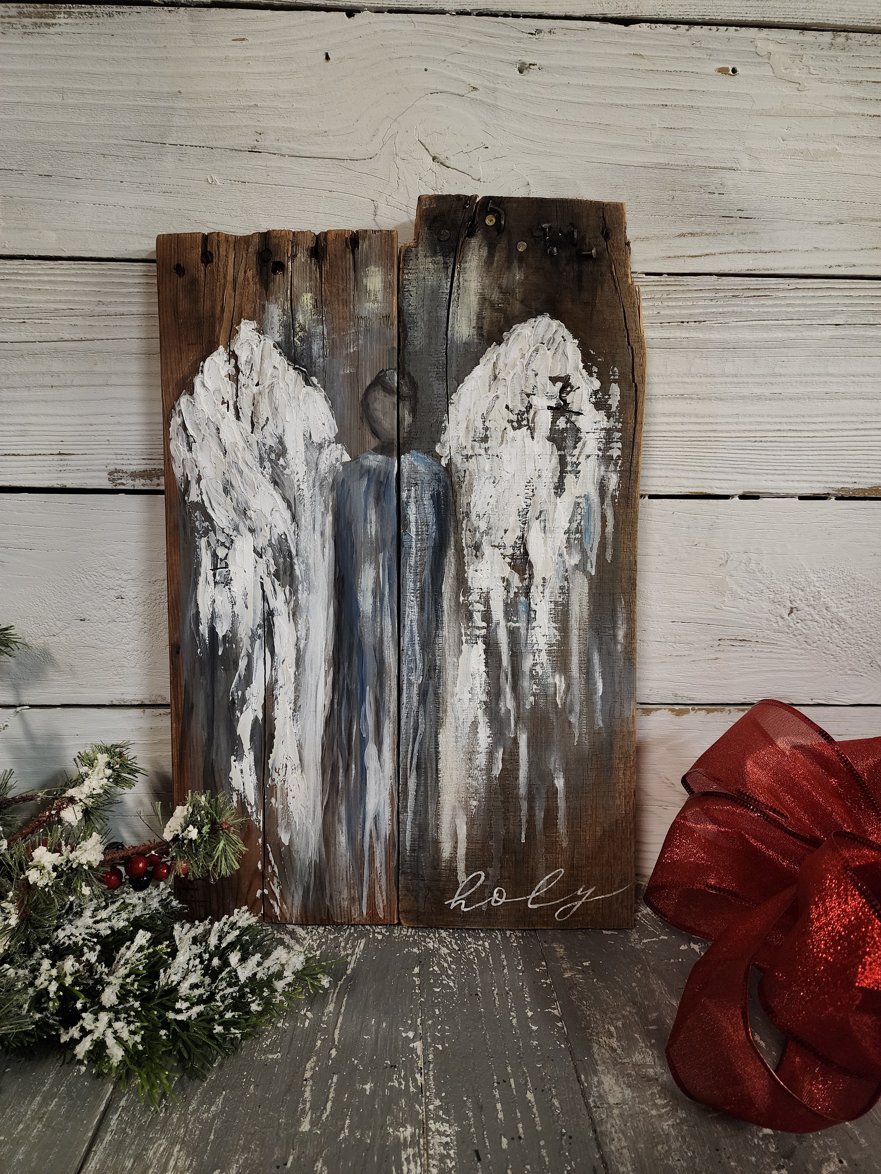 Abstract Angel painting for Christmas, Rustic pallet wood wall art for the holidays, holy angel acrylic painting