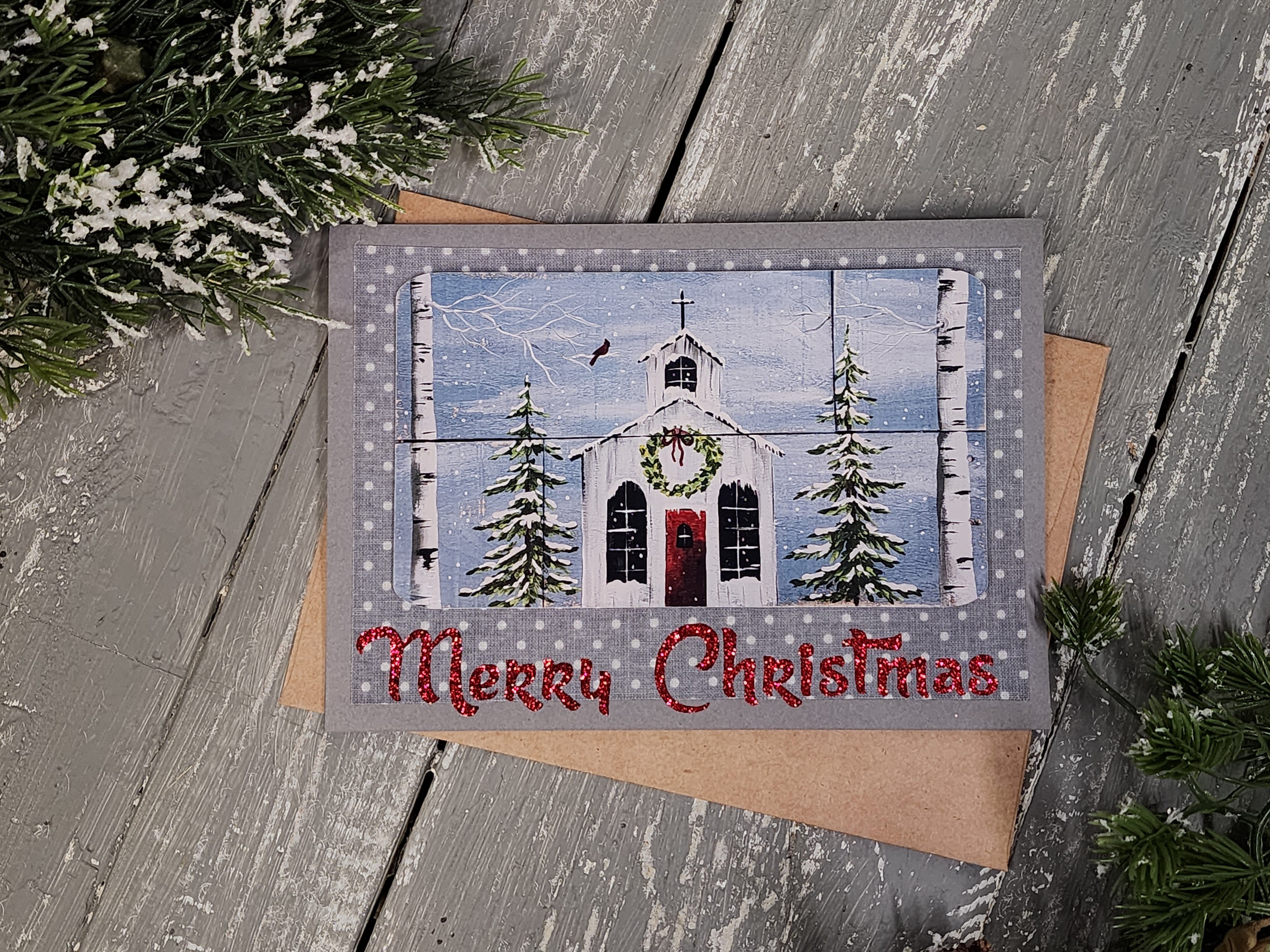 Handmade Christmas cards, painting print of holiday church & red cardinal, gray print fabric, red glitter Merry Christmas, set of six (6)