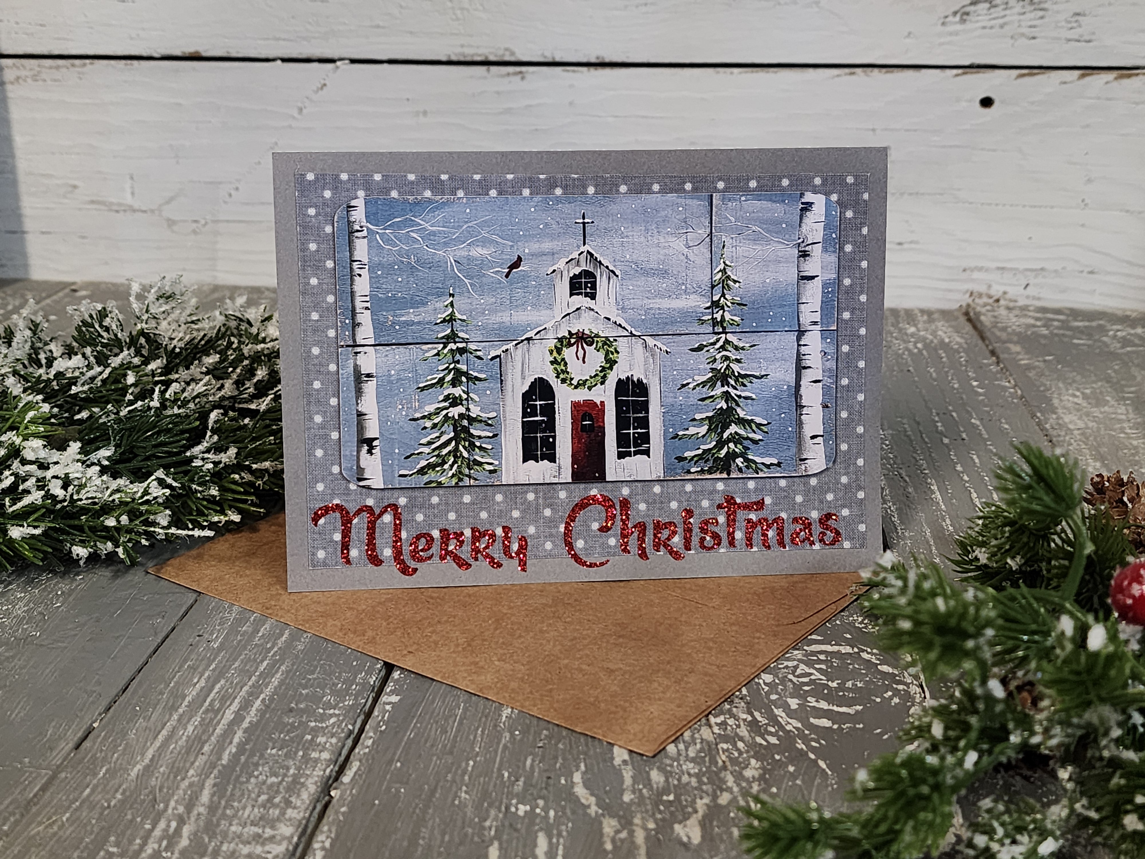 Handmade Christmas cards, painting print of holiday church & red cardinal, gray print fabric, red glitter Merry Christmas, set of six (6)