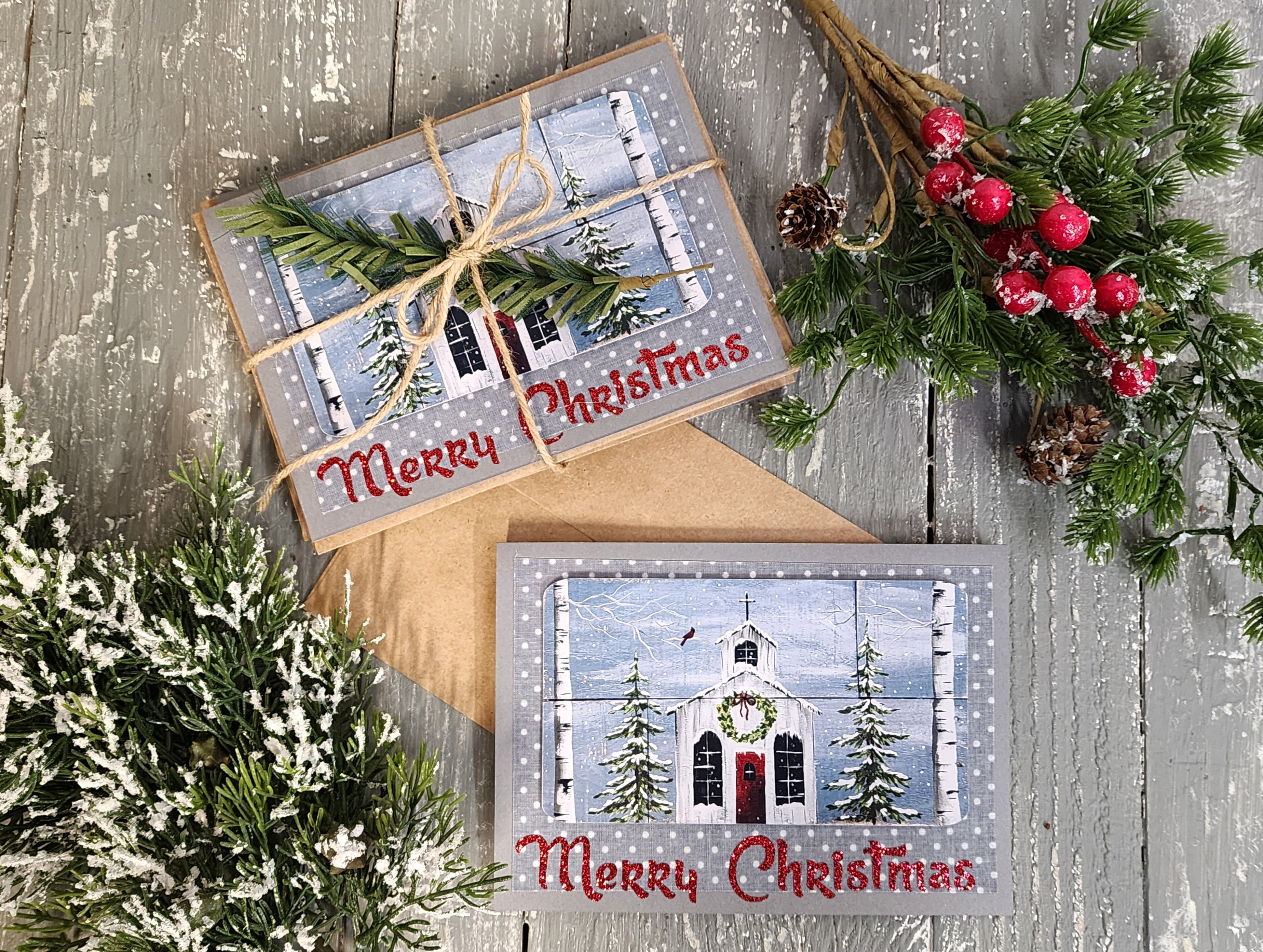 Handmade Christmas cards, painting print of holiday church & red cardinal, gray print fabric, red glitter Merry Christmas, set of six (6)