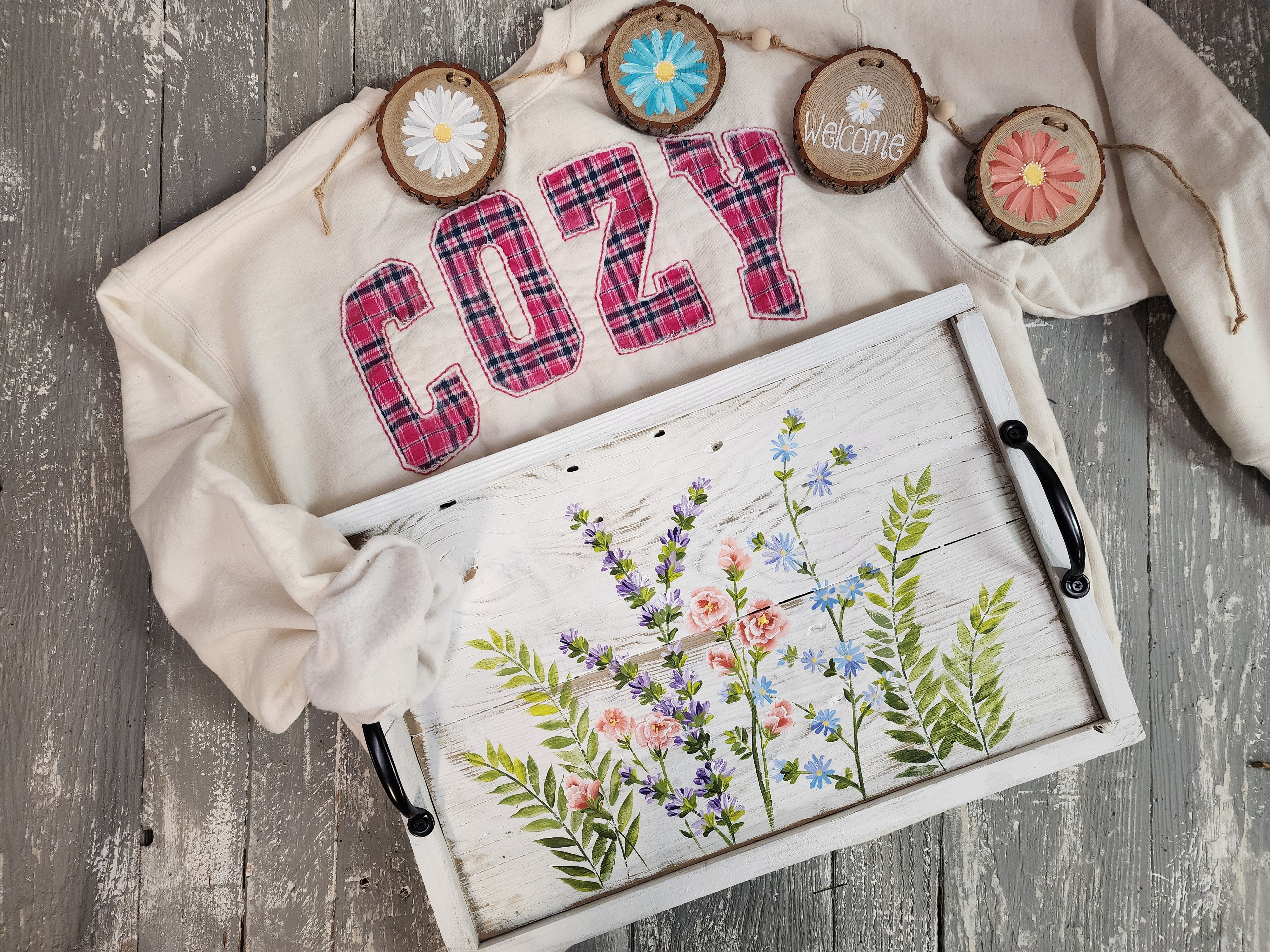 Cozy Christmas gift for her, best friend, handmade flannel embroidery L crew, hand painted wildflower wood tray and wood slice garland, gift wrapped (Copy)