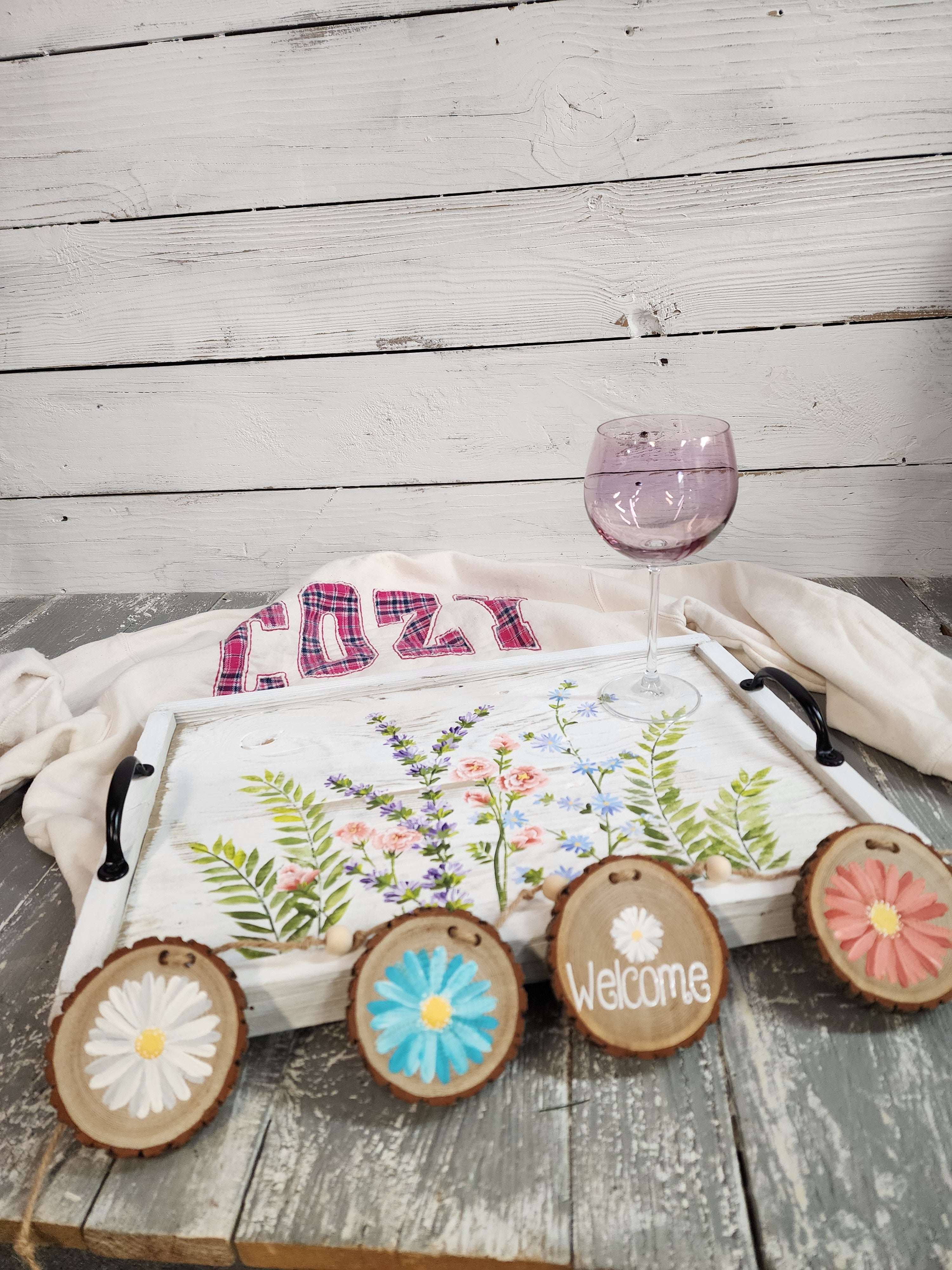 Cozy Christmas gift for her, best friend, handmade flannel embroidery L crew, hand painted wildflower wood tray and wood slice garland, gift wrapped (Copy)