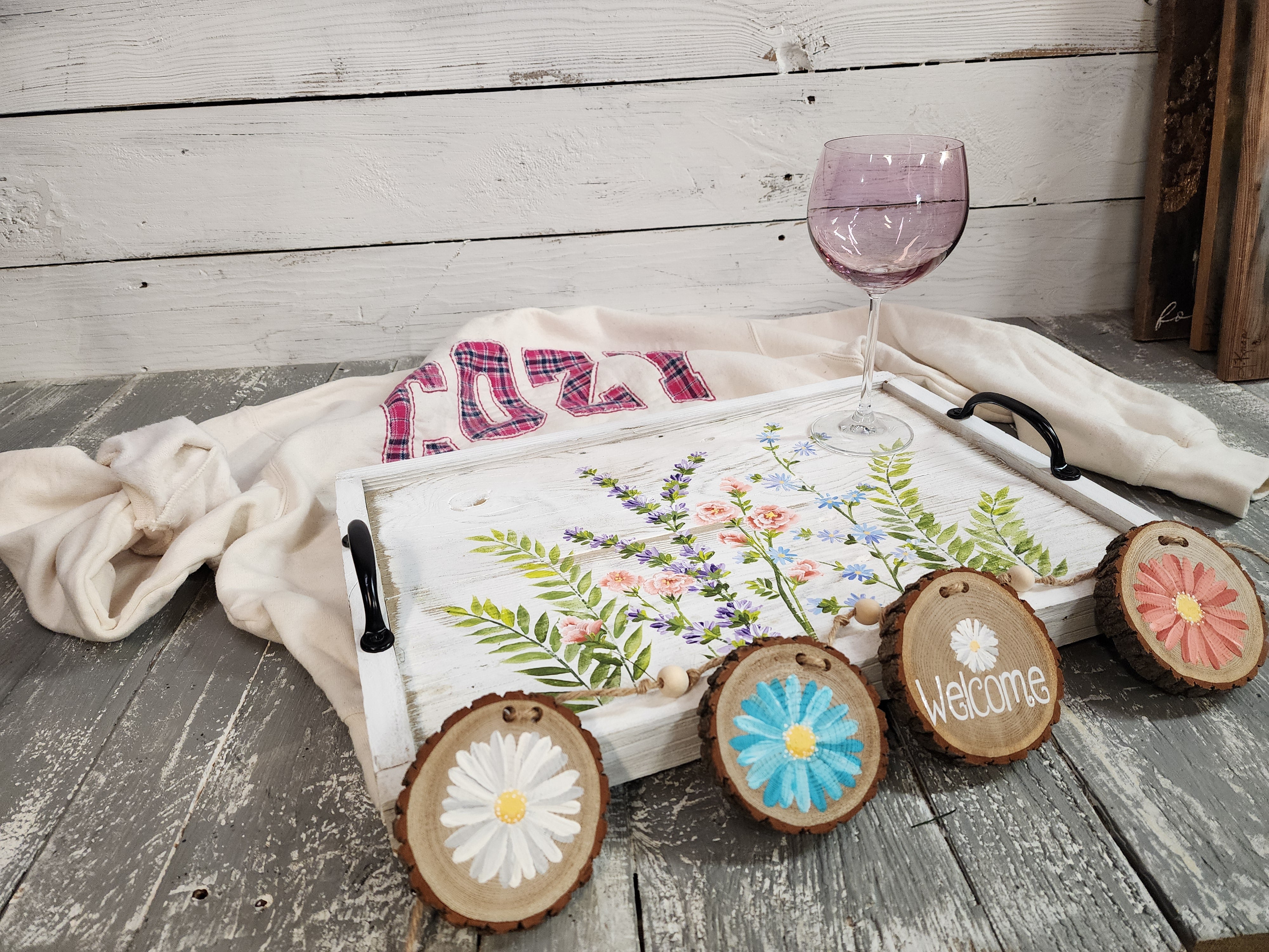 Cozy Christmas gift for her, best friend, handmade flannel embroidery L crew, hand painted wildflower wood tray and wood slice garland, gift wrapped (Copy)
