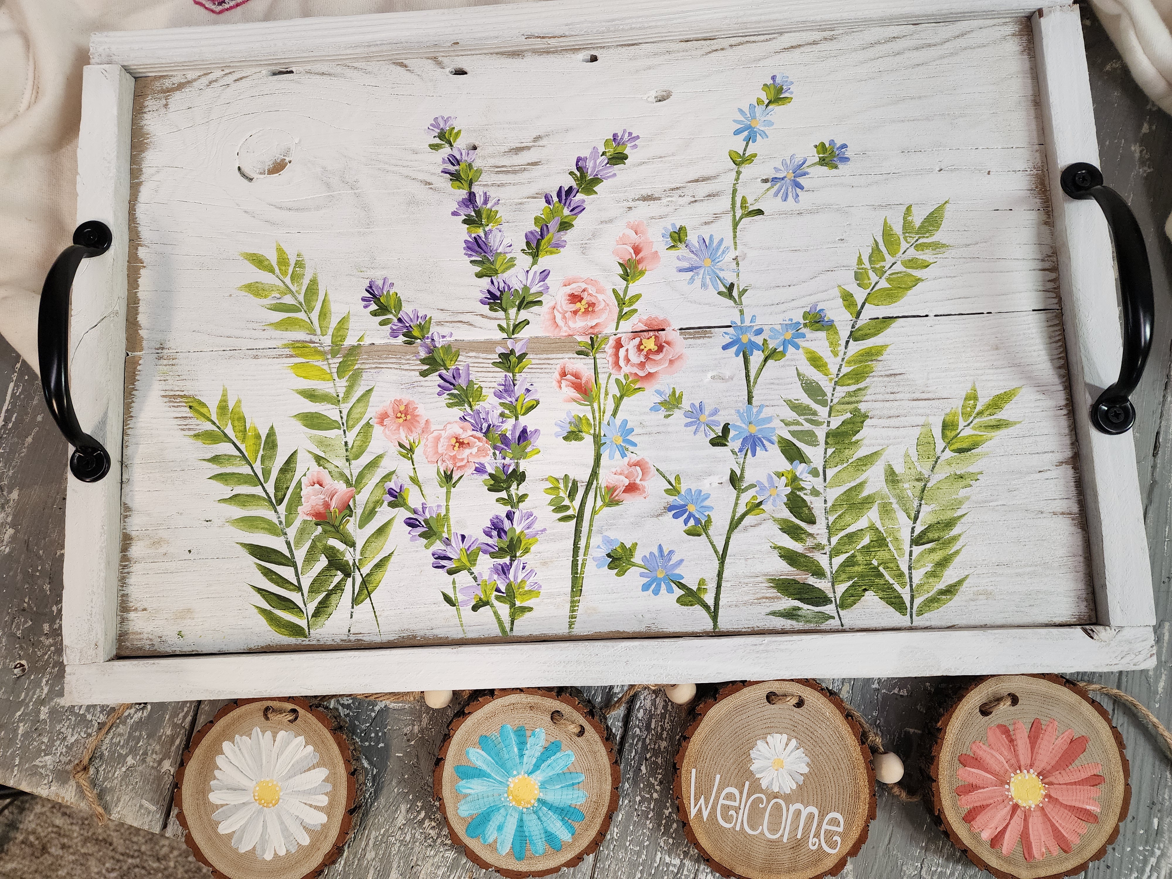 Cozy Christmas gift for her, best friend, handmade flannel embroidery L crew, hand painted wildflower wood tray and wood slice garland, gift wrapped (Copy)
