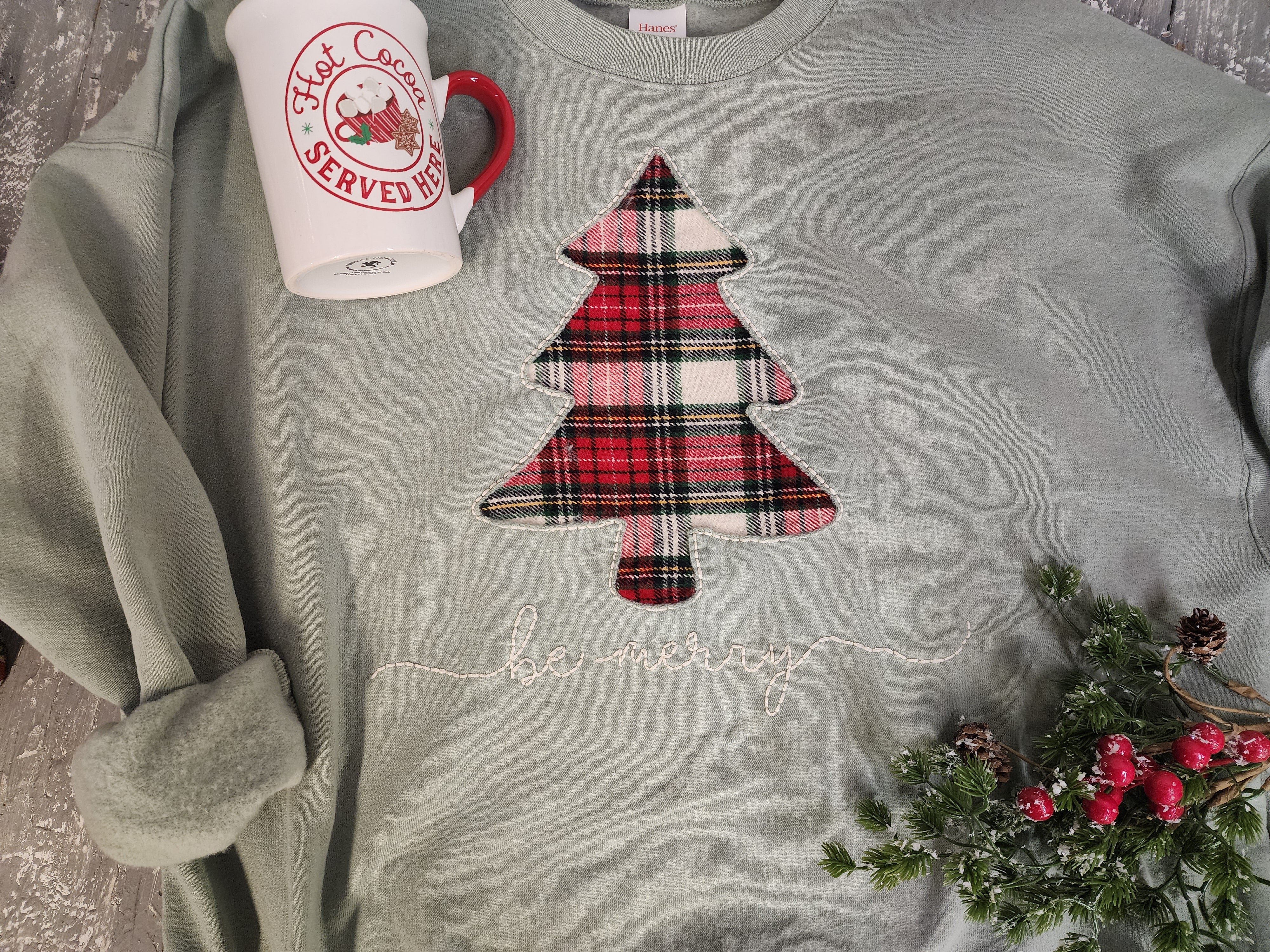 Christmas cozy crew sweatshirt with plaid Christmas tree, XL sage green, homemade gift for her, handmade merry shirt for the holidays