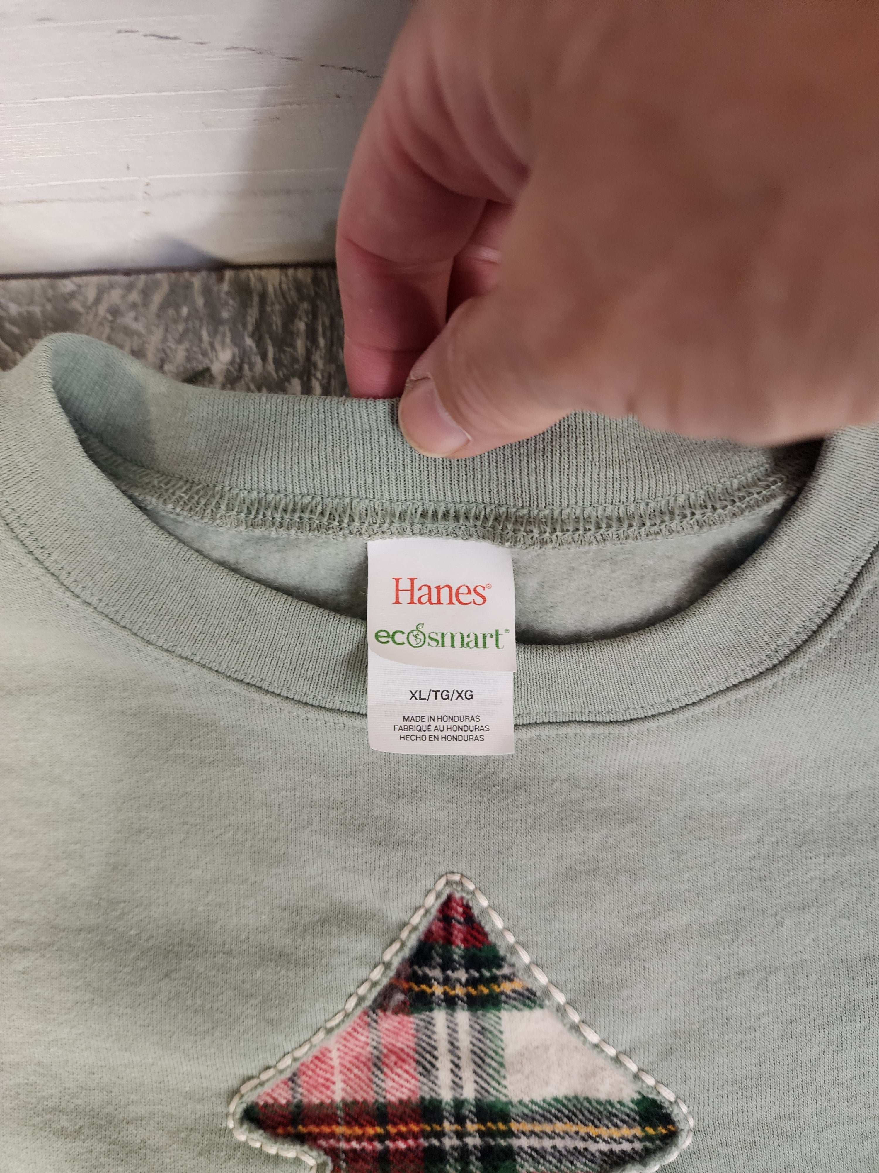 Christmas cozy crew sweatshirt with plaid Christmas tree, XL sage green, homemade gift for her, handmade merry shirt for the holidays