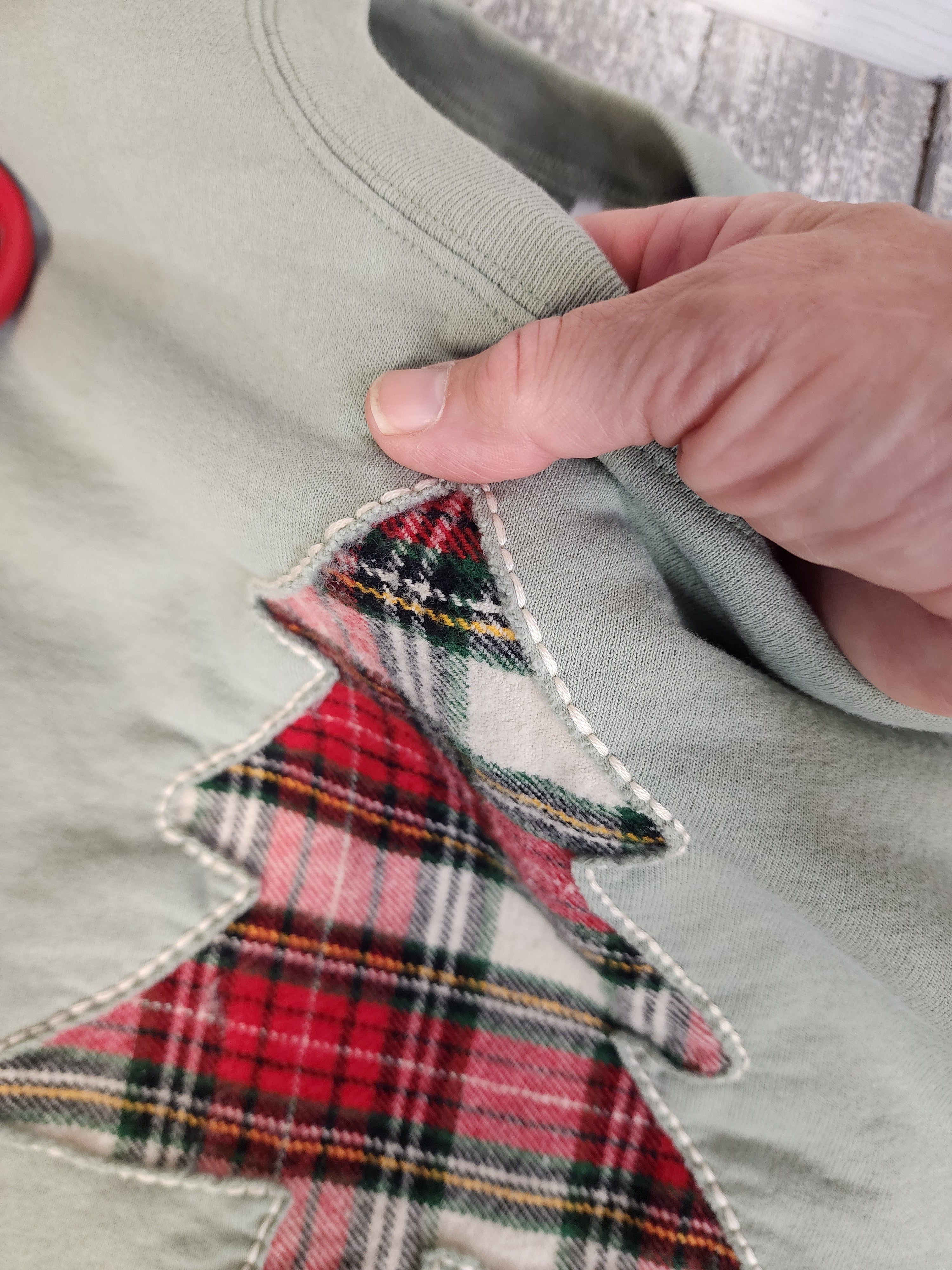 Christmas cozy crew sweatshirt with plaid Christmas tree, XL sage green, homemade gift for her, handmade merry shirt for the holidays