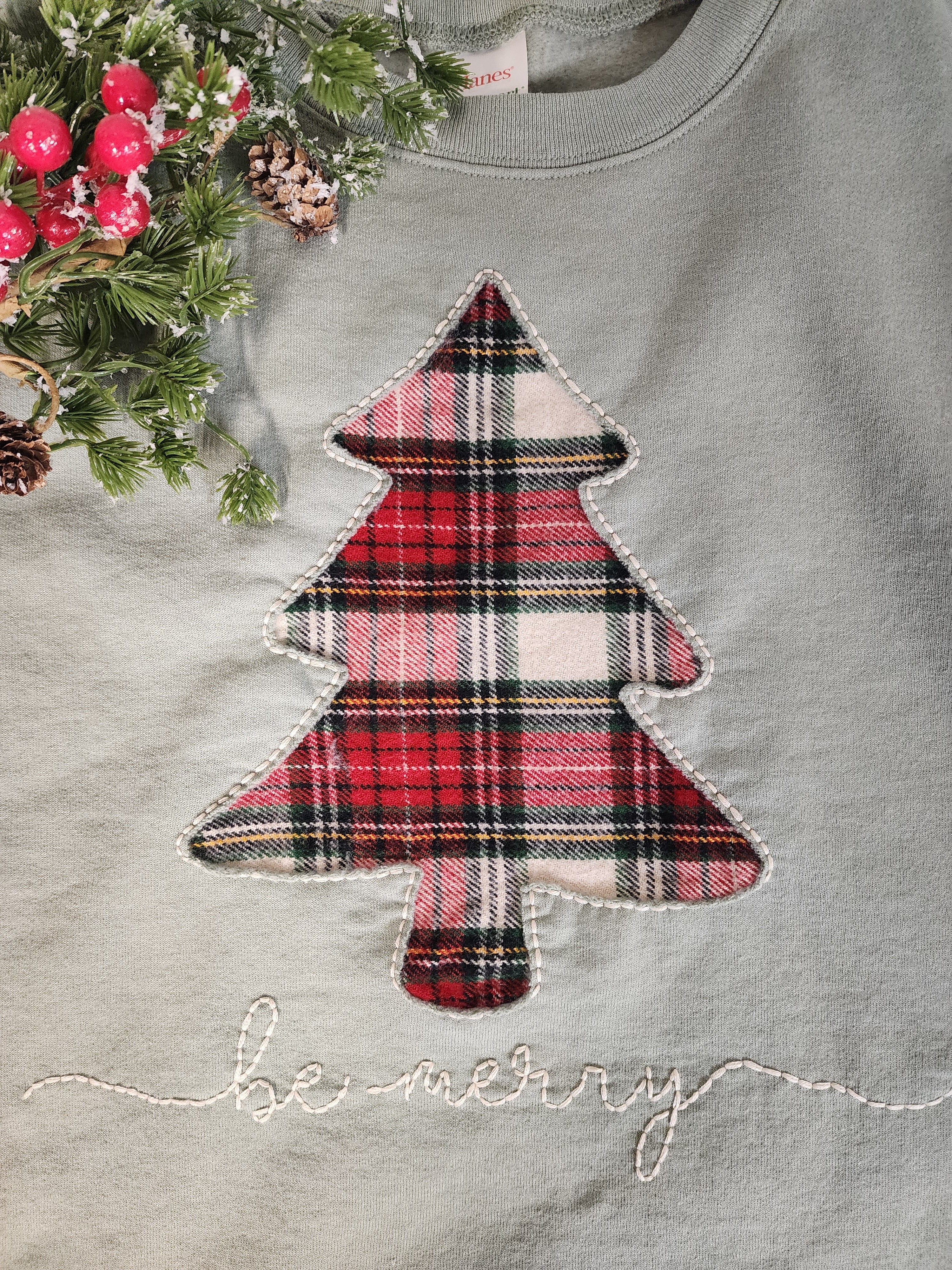 Christmas cozy crew sweatshirt with plaid Christmas tree, XL sage green, homemade gift for her, handmade merry shirt for the holidays