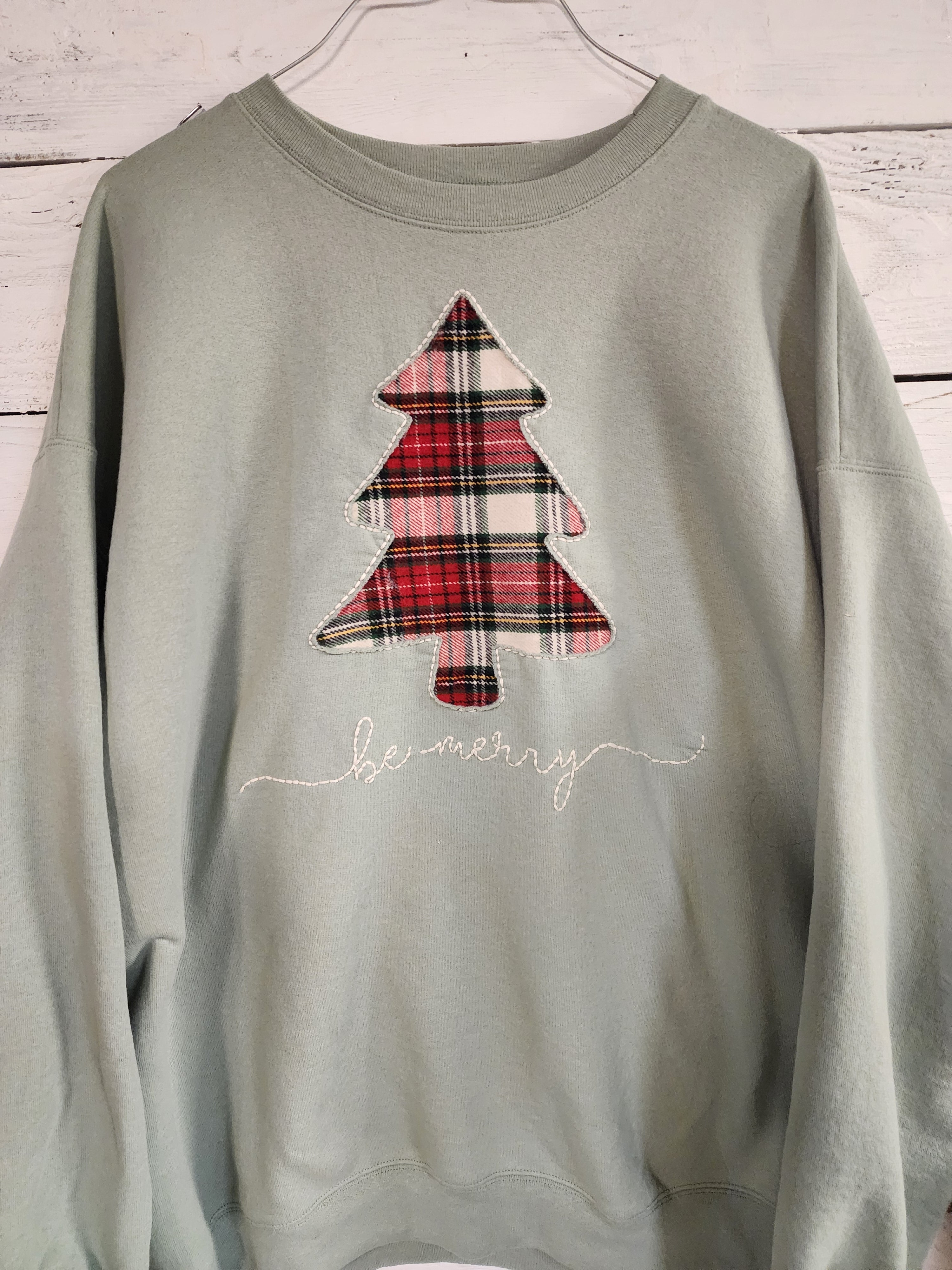Christmas cozy crew sweatshirt with plaid Christmas tree, XL sage green, homemade gift for her, handmade merry shirt for the holidays
