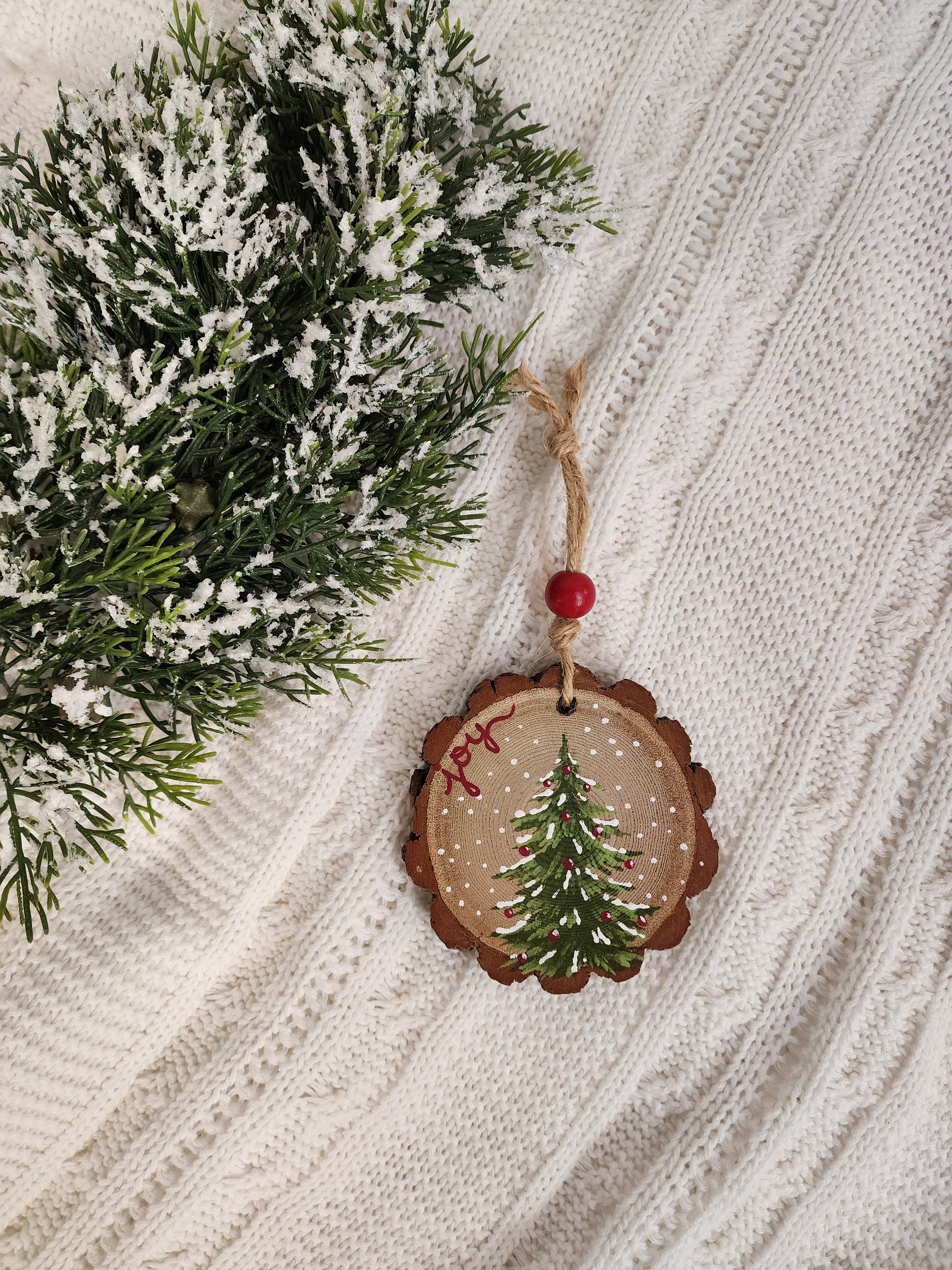 Hand-Painted Christmas "joy" Wood Slice Ornament: natural hand cut wood slice Holiday Decor, Personalized custom Christmas tree decorations
