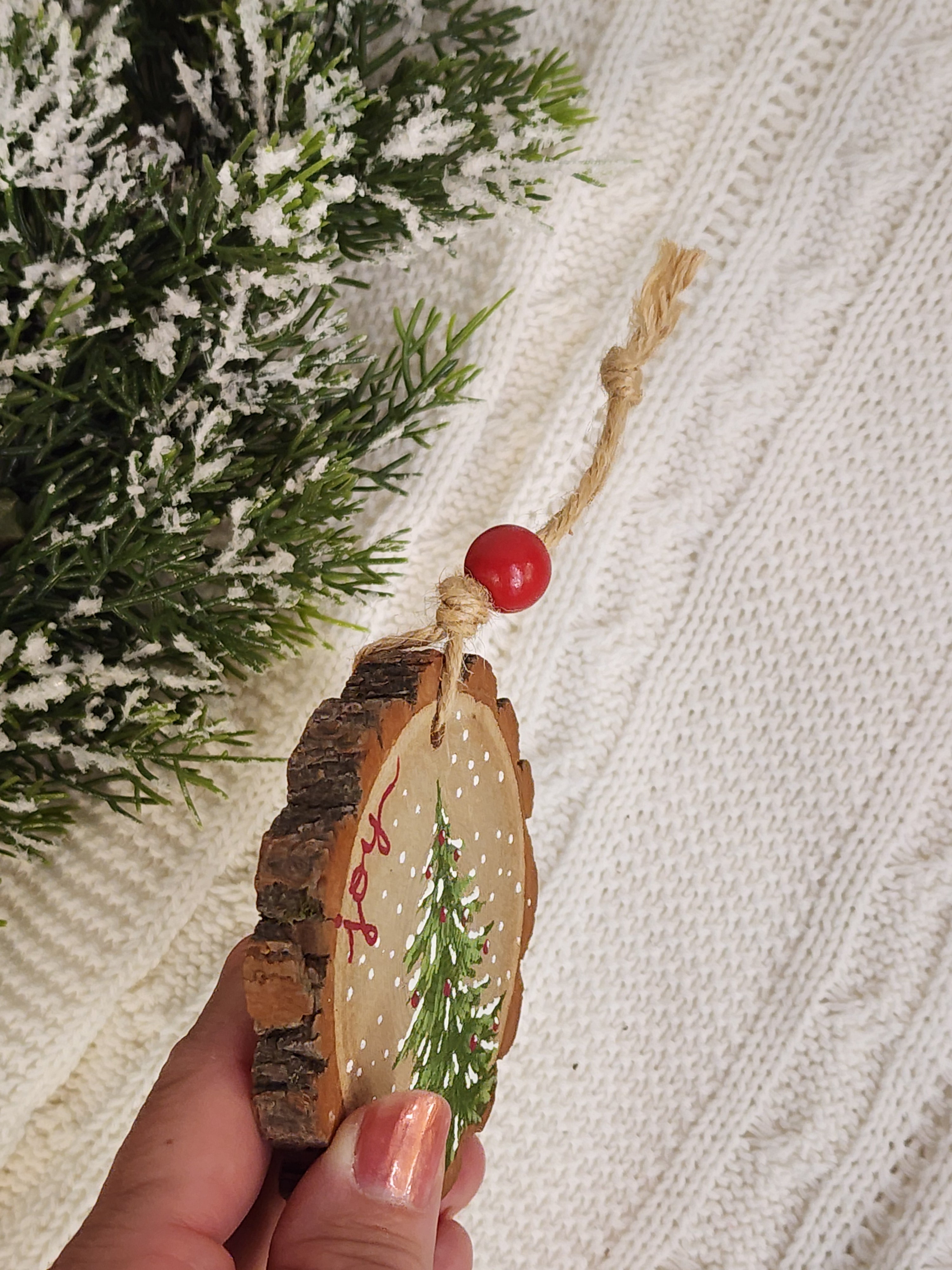 Hand-Painted Christmas "joy" Wood Slice Ornament: natural hand cut wood slice Holiday Decor, Personalized custom Christmas tree decorations