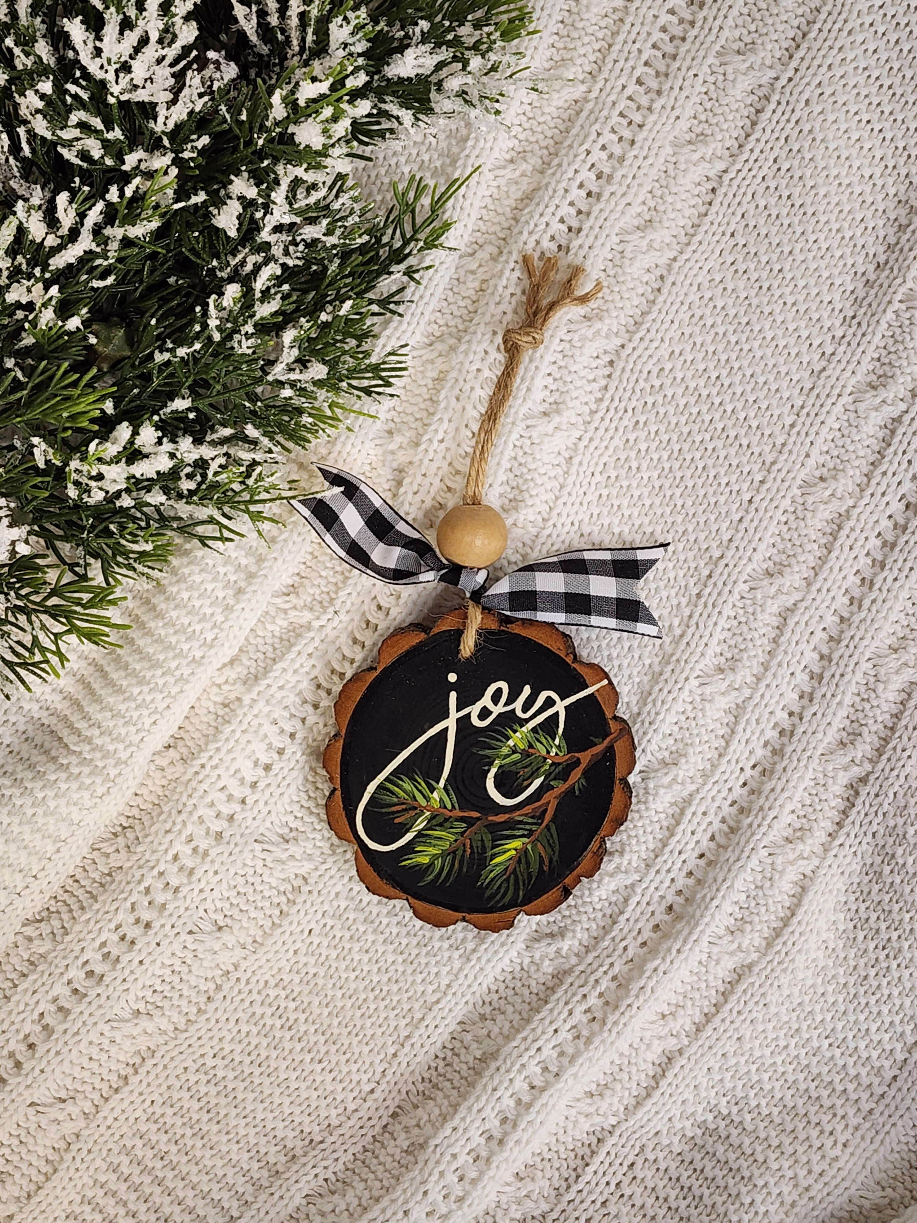 Christmas joy Wood Slice Ornament: natural hand painted pine branches Holiday Decor, Personalized custom Christmas tree decorations