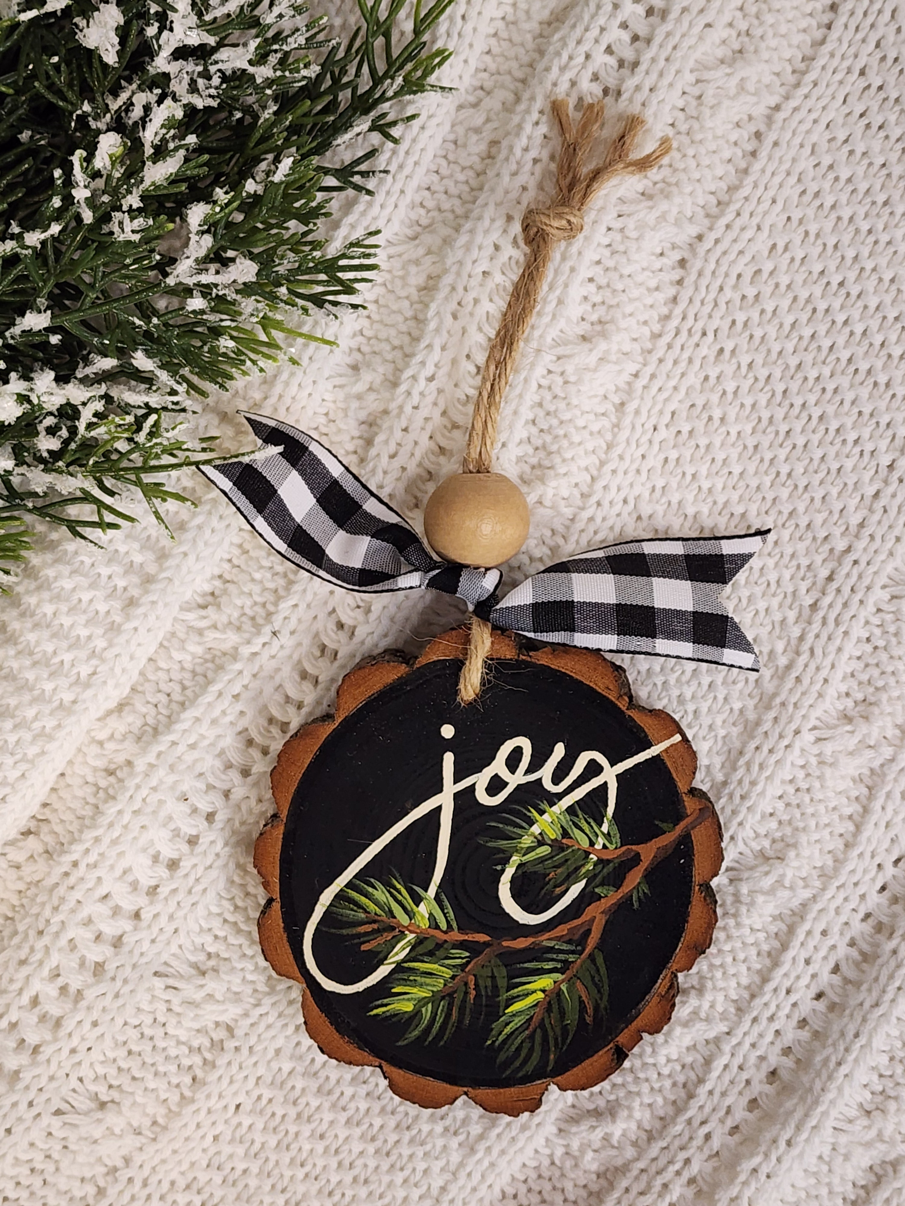 Christmas joy Wood Slice Ornament: natural hand painted pine branches Holiday Decor, Personalized custom Christmas tree decorations