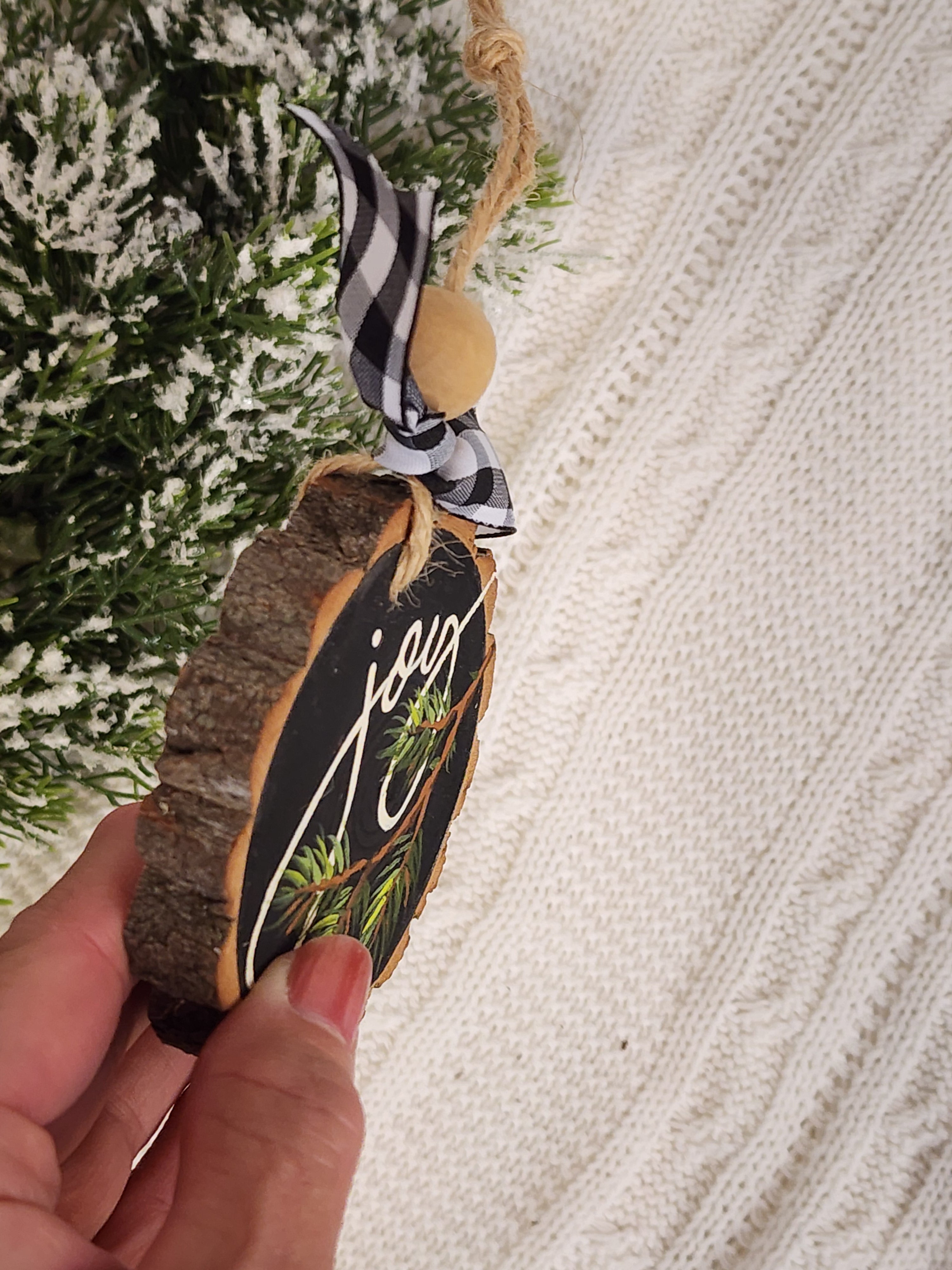 Christmas joy Wood Slice Ornament: natural hand painted pine branches Holiday Decor, Personalized custom Christmas tree decorations