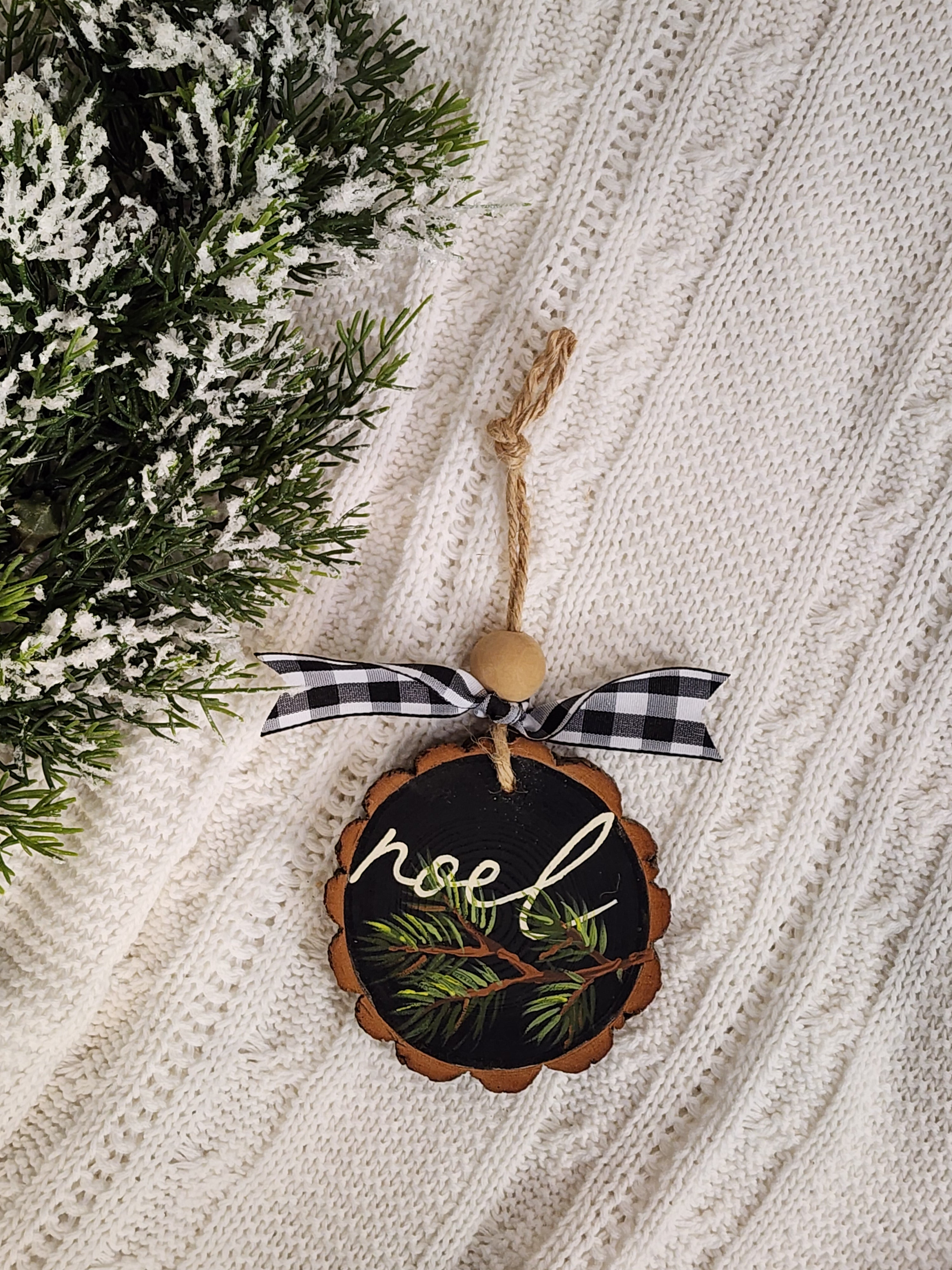 Christmas Noel Wood Slice Ornament: natural hand painted pine branches Holiday Decor, Personalized custom Christmas tree decorations