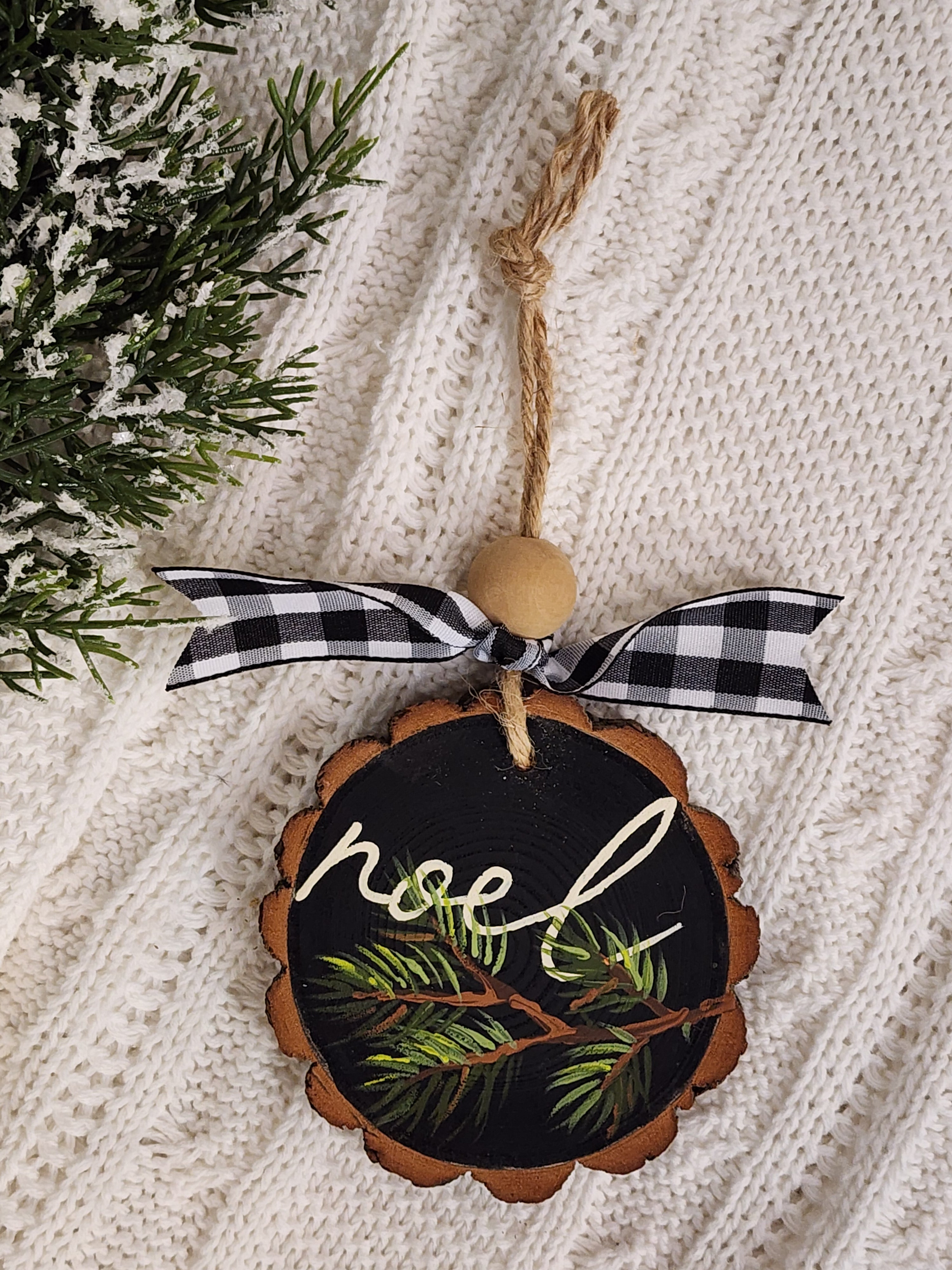 Christmas Noel Wood Slice Ornament: natural hand painted pine branches Holiday Decor, Personalized custom Christmas tree decorations