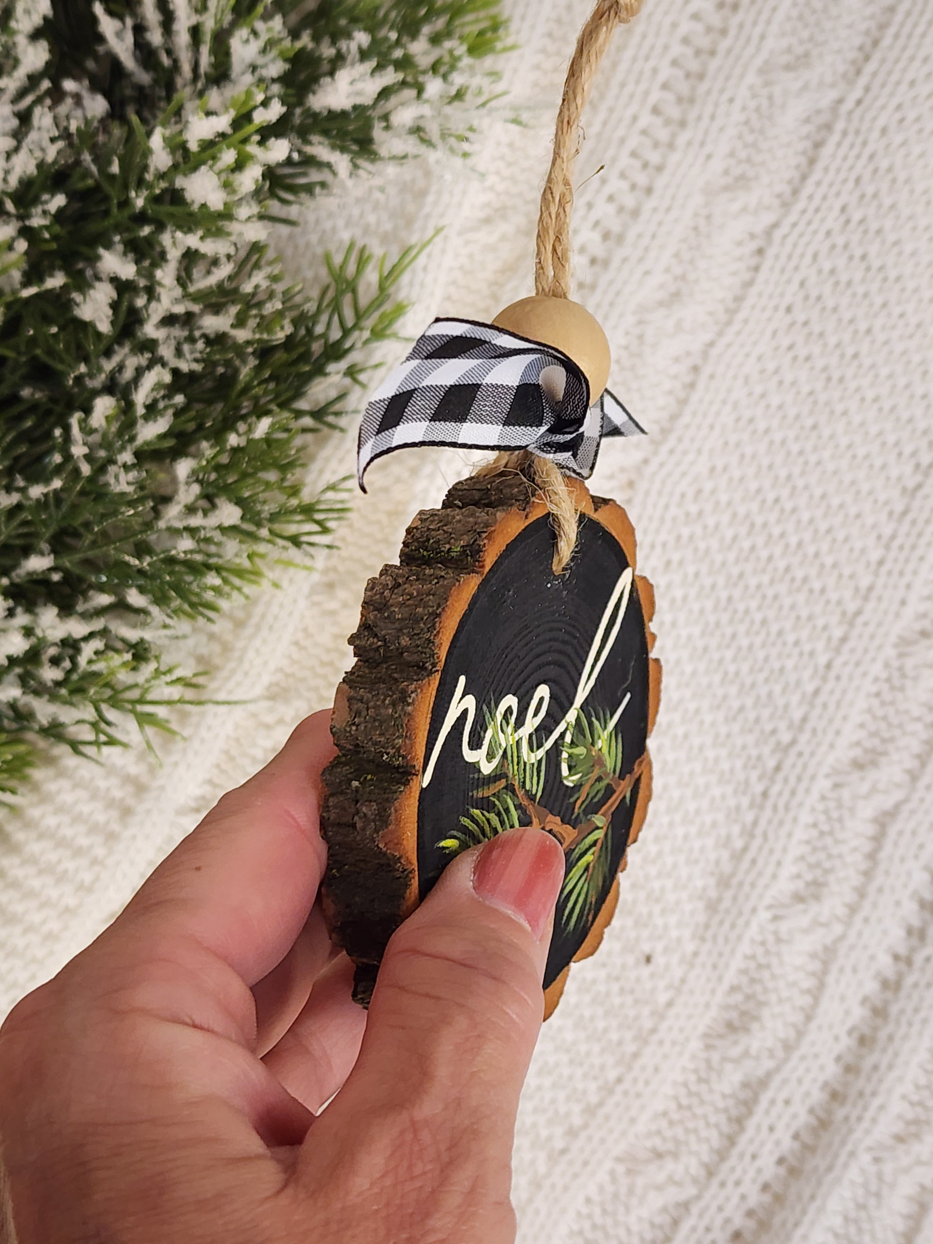 Christmas Noel Wood Slice Ornament: natural hand painted pine branches Holiday Decor, Personalized custom Christmas tree decorations