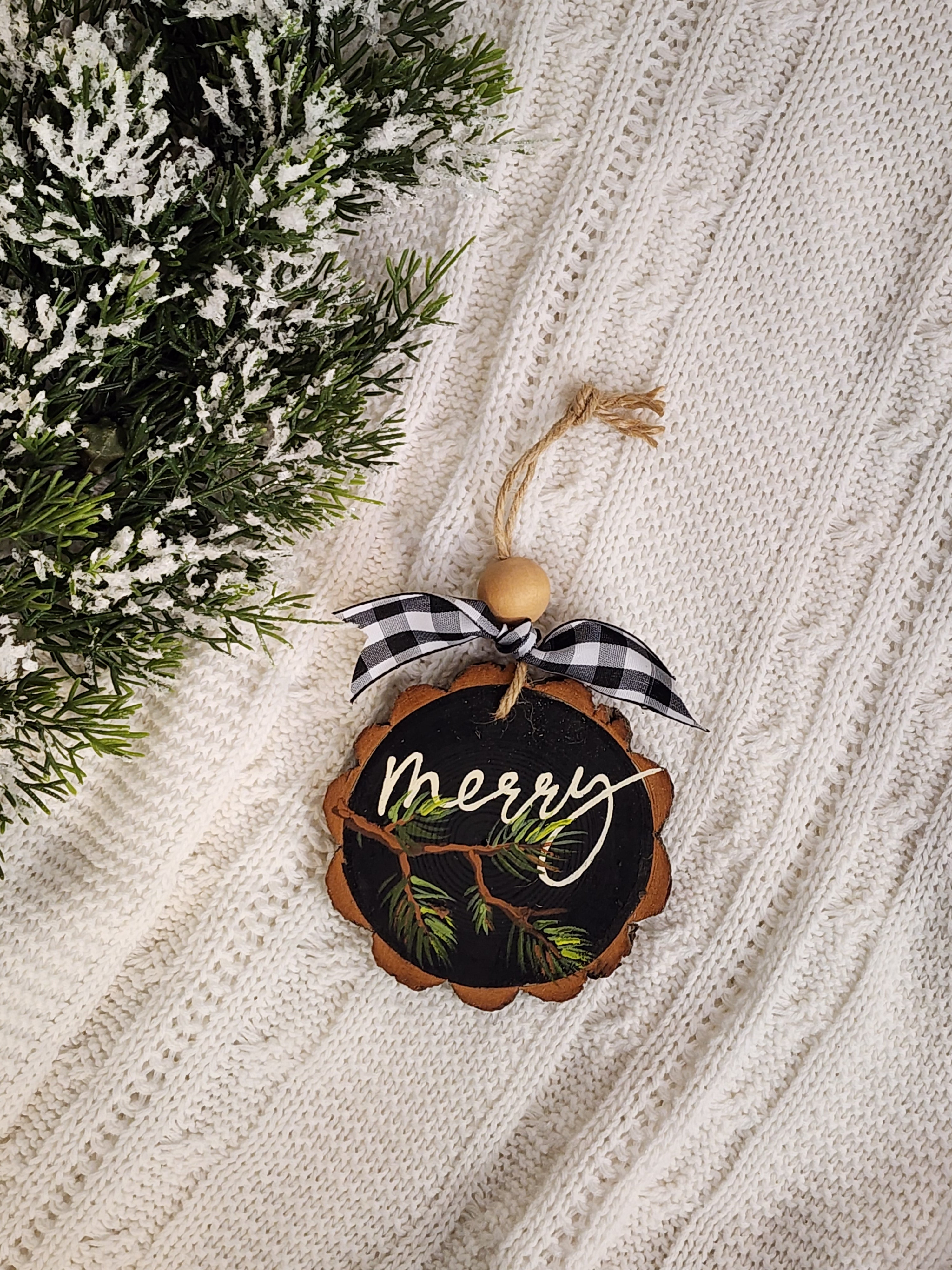 Christmas Merry Wood Slice Ornament: natural hand painted pine branches Holiday Decor, Personalized custom Christmas tree decorations