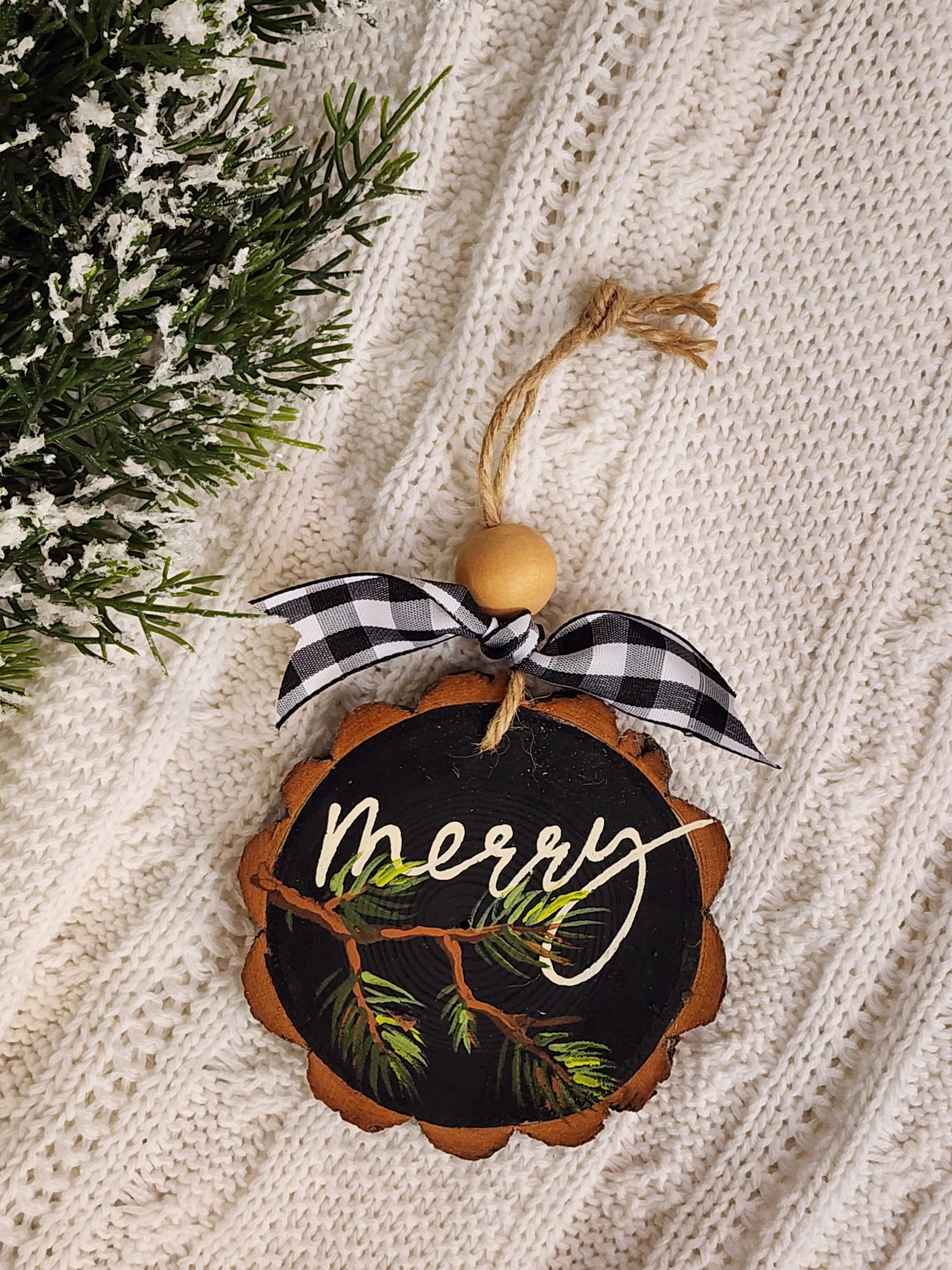 Christmas Merry Wood Slice Ornament: natural hand painted pine branches Holiday Decor, Personalized custom Christmas tree decorations