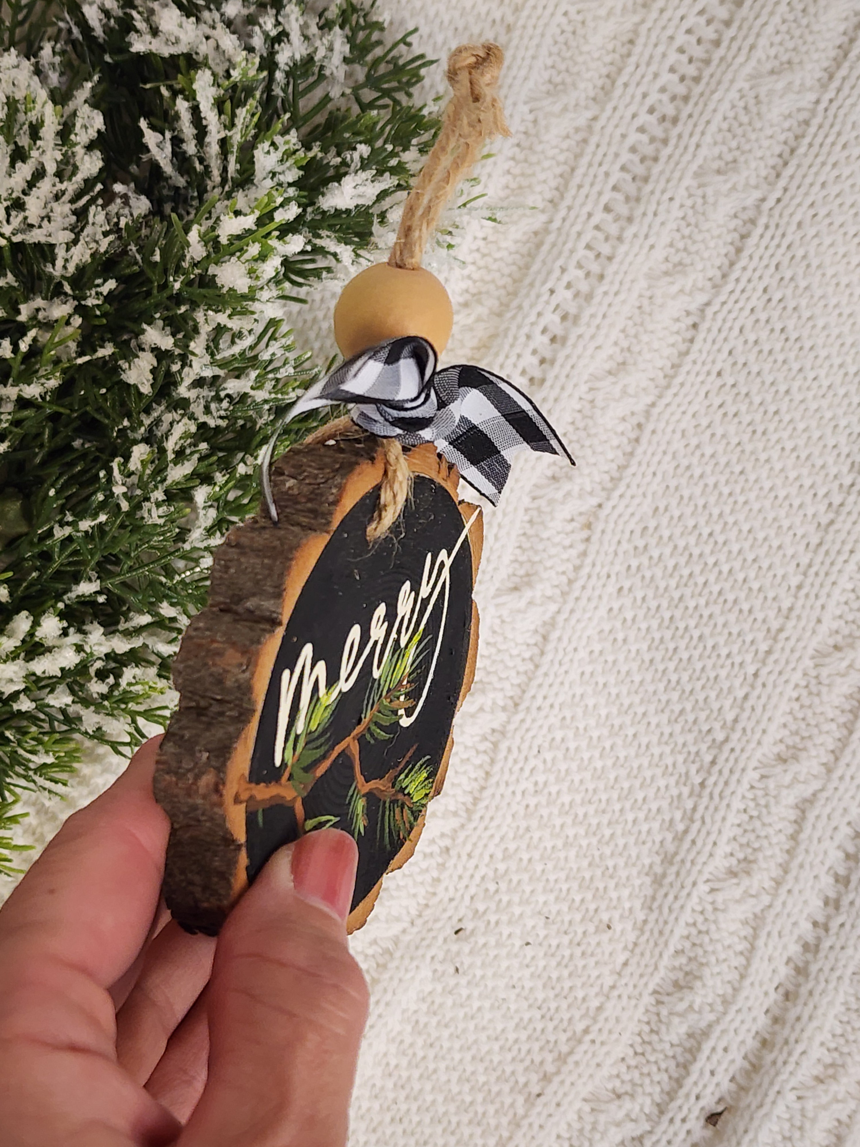 Christmas Merry Wood Slice Ornament: natural hand painted pine branches Holiday Decor, Personalized custom Christmas tree decorations