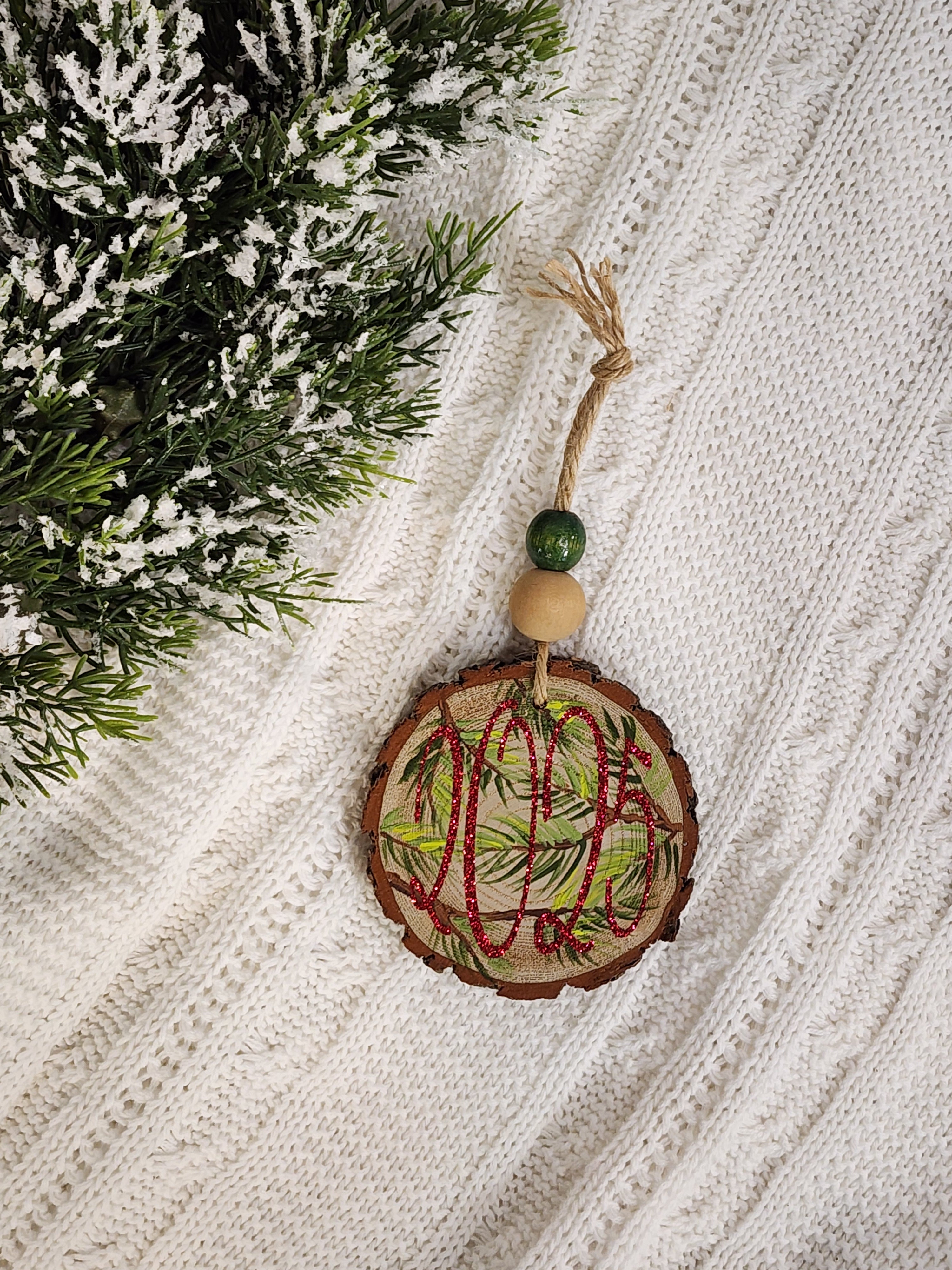 Christmas 2025 Wood Slice Ornament: natural hand painted pine branches Holiday Decor, Personalized custom Christmas tree decorations
