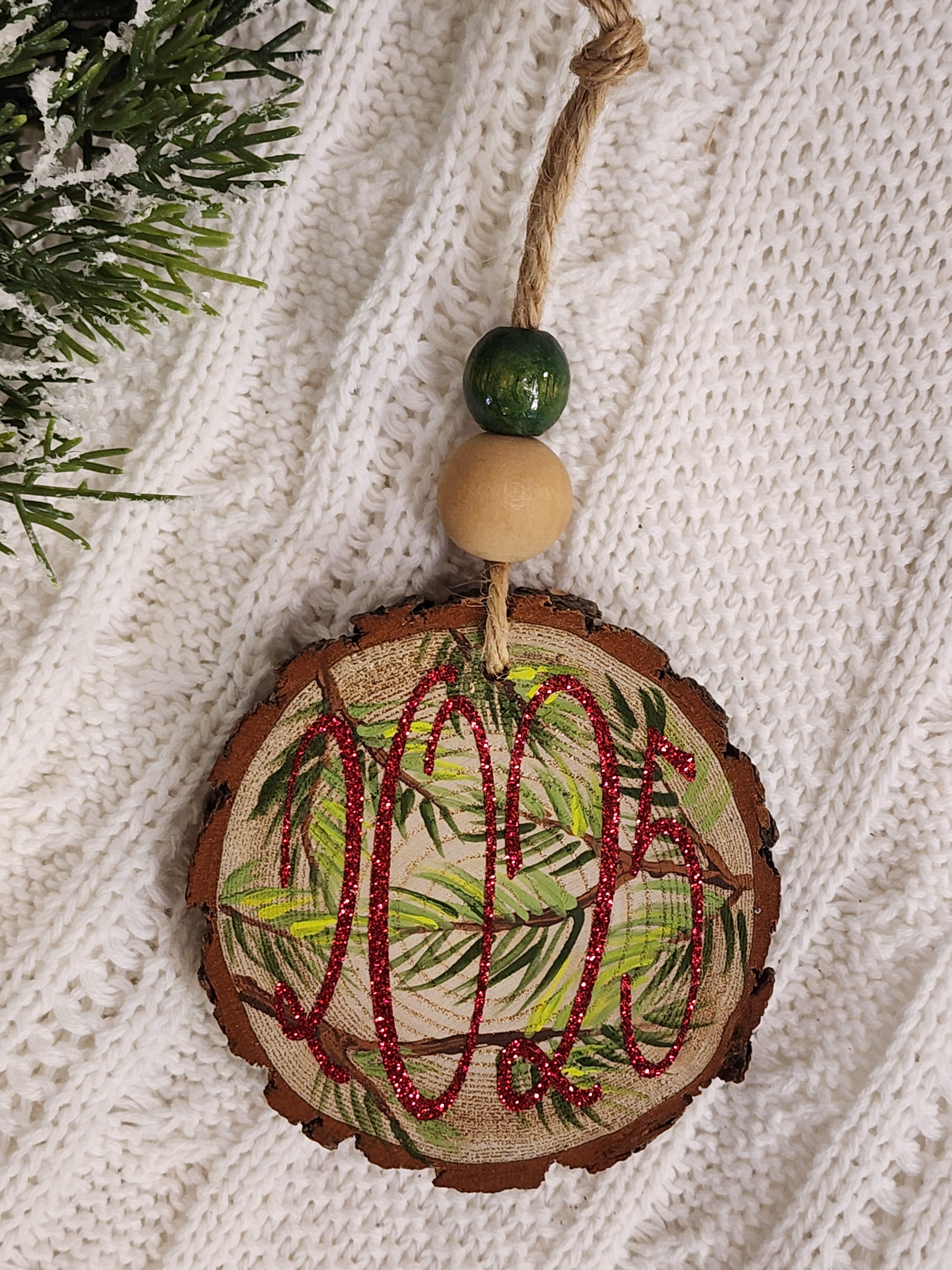Christmas 2025 Wood Slice Ornament: natural hand painted pine branches Holiday Decor, Personalized custom Christmas tree decorations