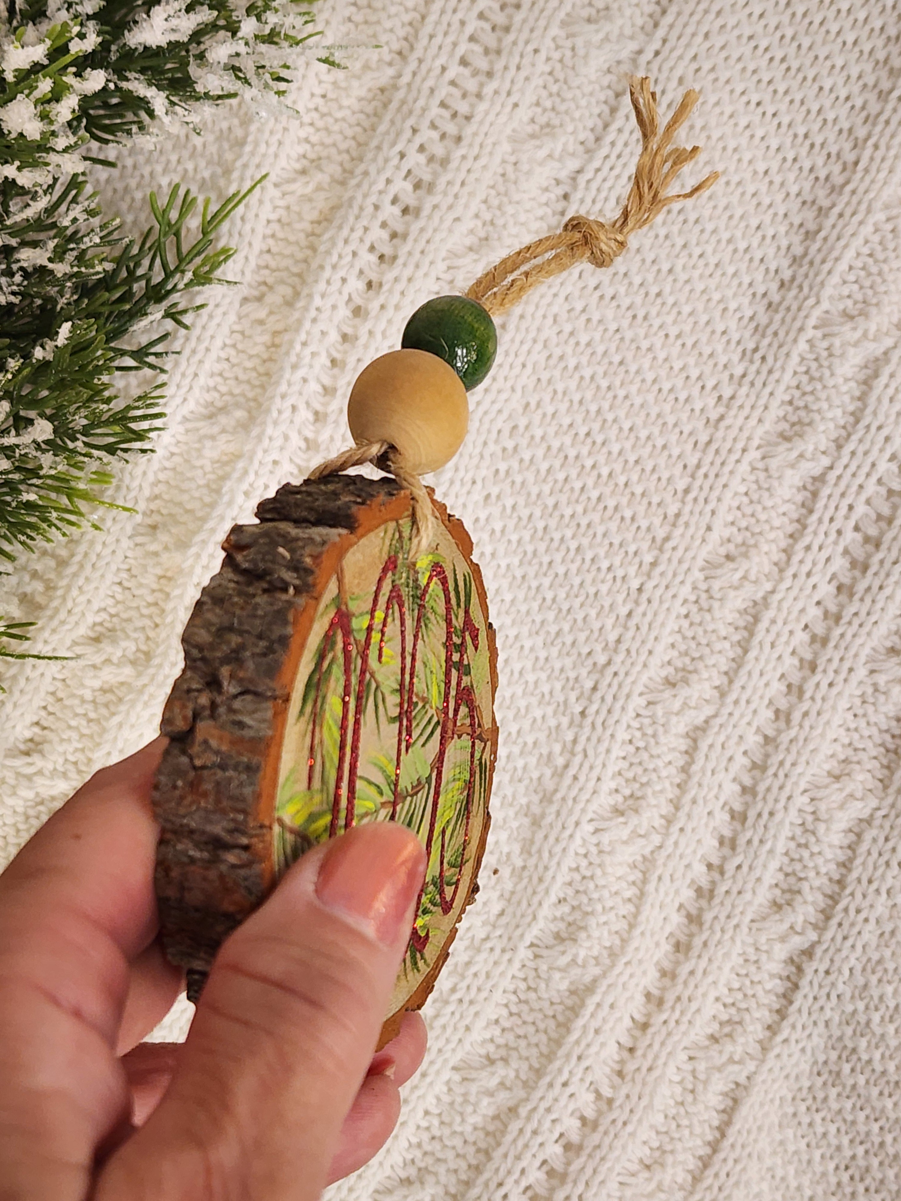 Christmas 2025 Wood Slice Ornament: natural hand painted pine branches Holiday Decor, Personalized custom Christmas tree decorations